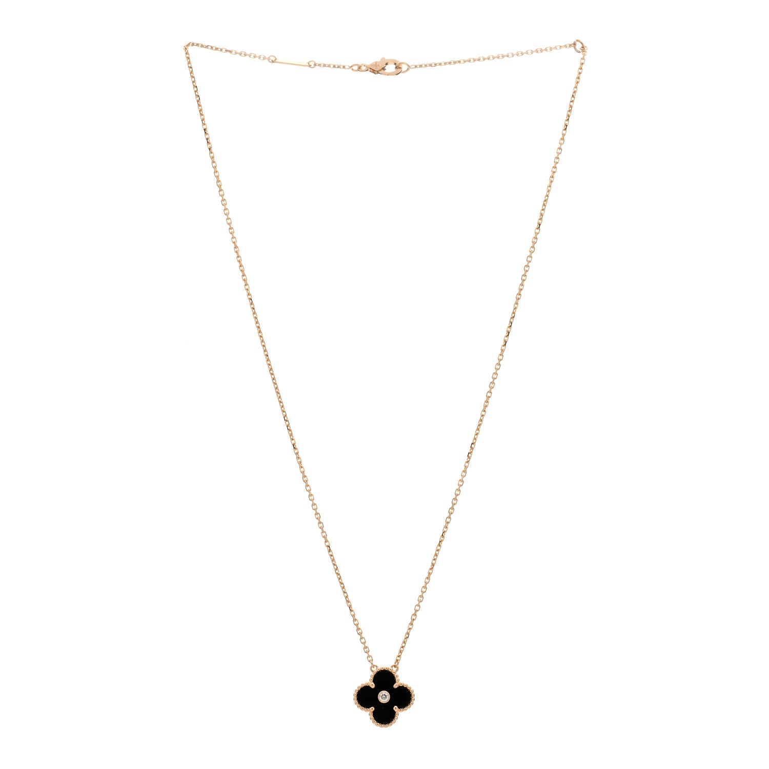Van Cleef & Arpels 18K Rose Gold Diamond Black Onyx Vintage Alhambra Pendant Necklace 2 of 3