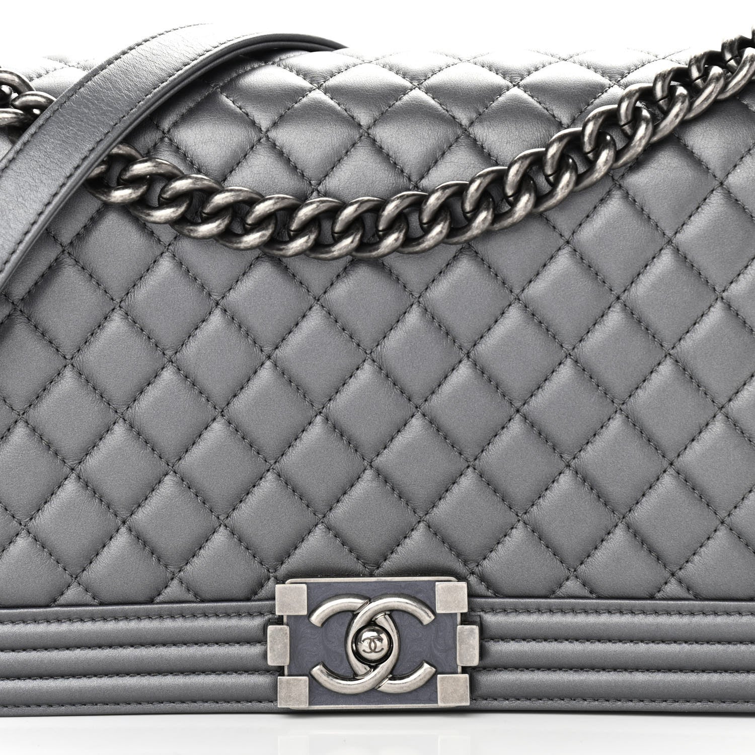 Chanel Metallic Lambskin Quilted New Medium Boy Flap Dark Silver 8 of 10