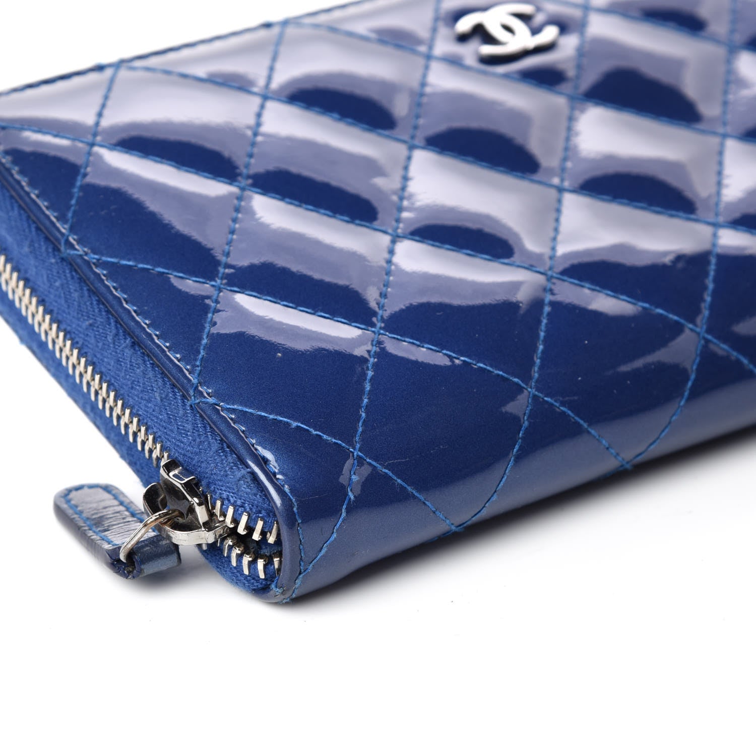 Chanel Patent Quilted Large Gusset Zip Around Wallet Blue 5 of 11