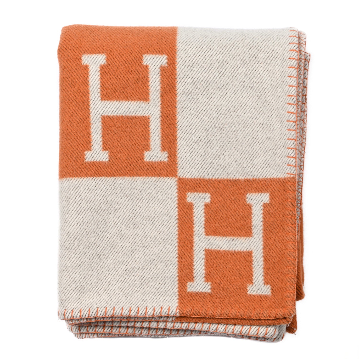 Hermes Wool Cashmere Signature Classic Avalon Blanket Ecru Potiron 1 of 3