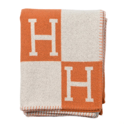 Hermes Wool Cashmere Signature Classic Avalon Blanket Ecru Potiron 1 of 3
