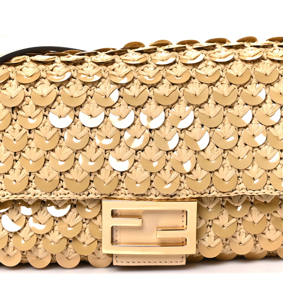 Fendi Sequin Macrame Baguette Beige Gold 1999651 – FASHIONPHILE