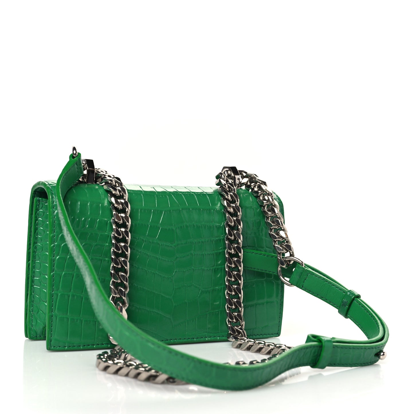 Calfskin Crocodile Embossed Knuckle Shoulder Bag Green