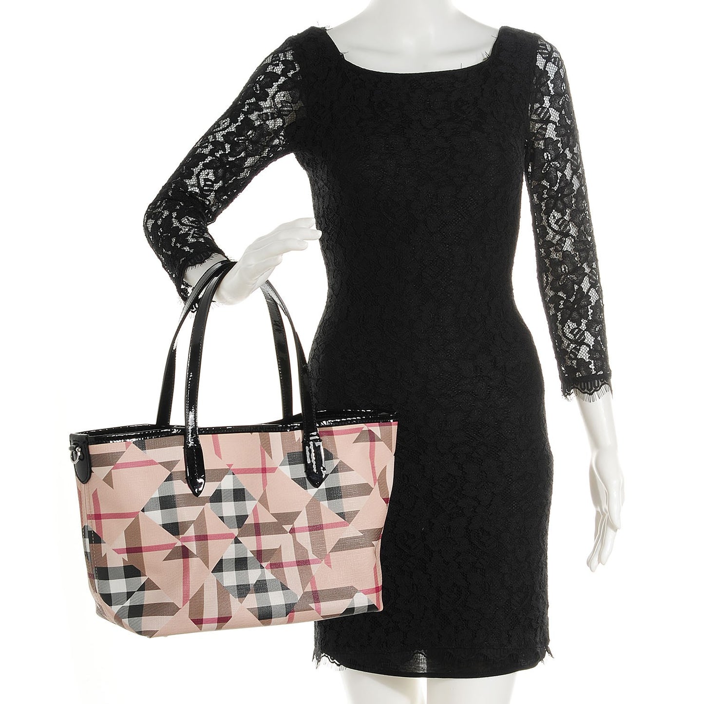 Patent Trim Patchwork Check Tote Black