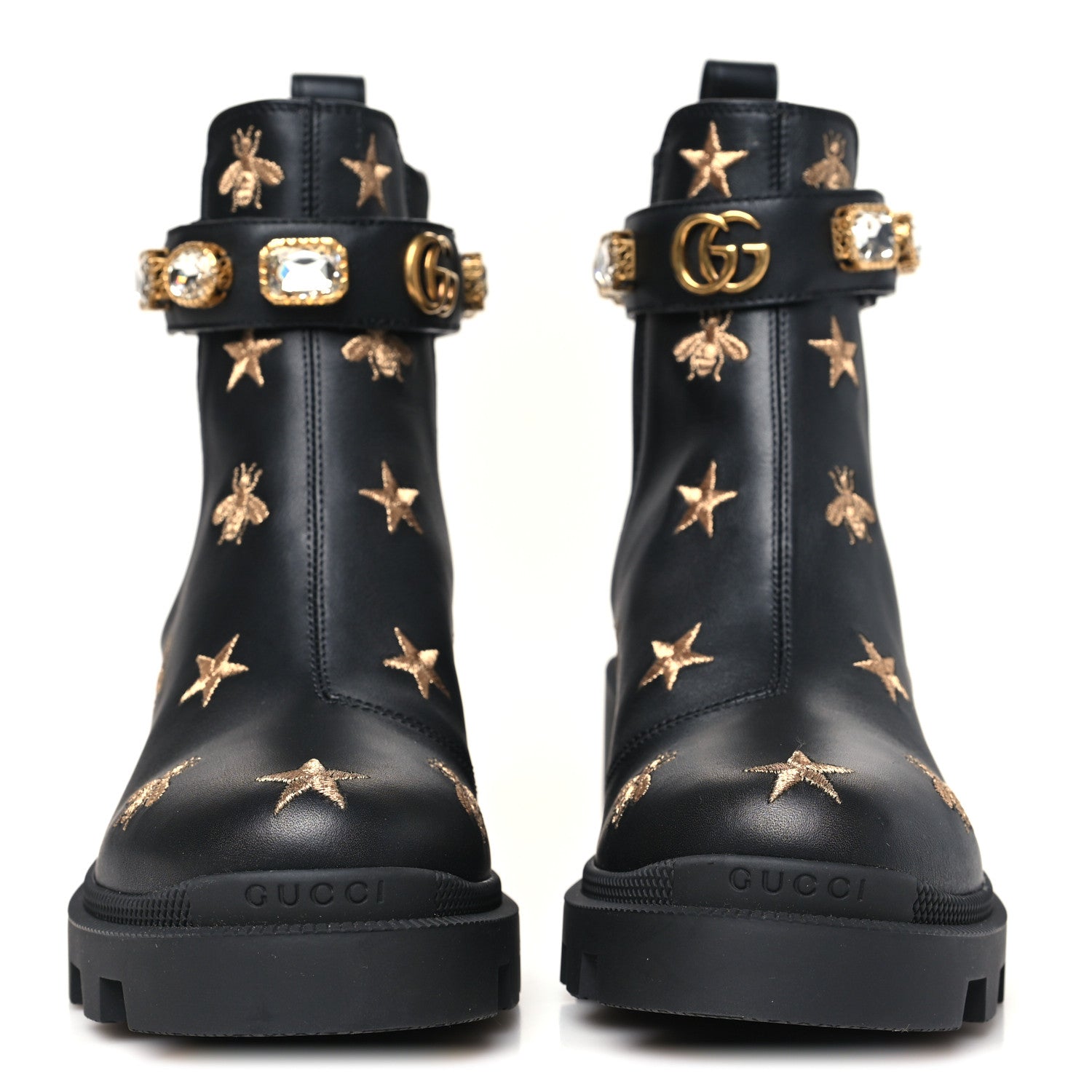 Gucci Calfskin Bee Star Embroidered Belt Ankle Boots 36.5 Black 3 of 10