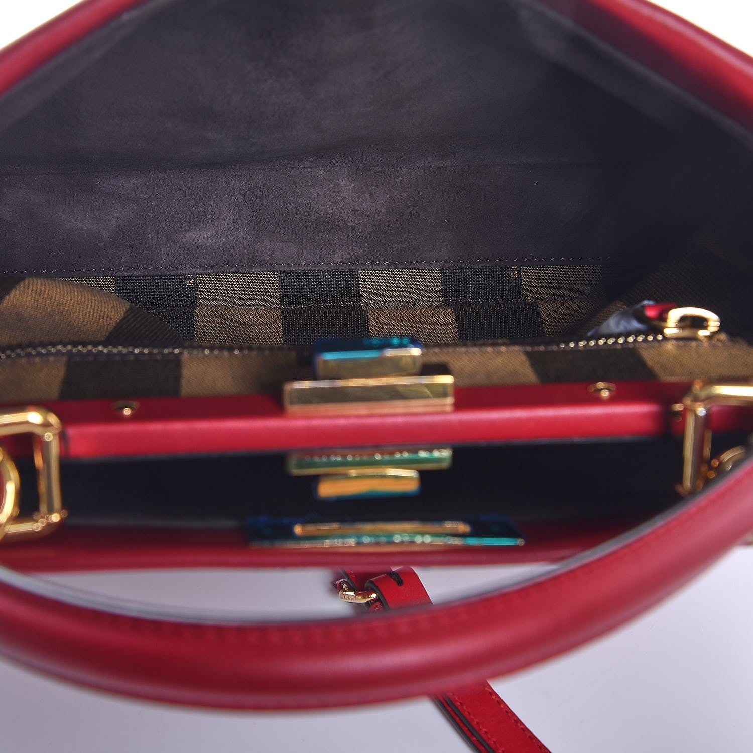 Fendi Vitello Morgan Fabric Jacquard Pequin Medium Peekaboo Iconic Satchel Mattone Tobacco Black 5 of 8