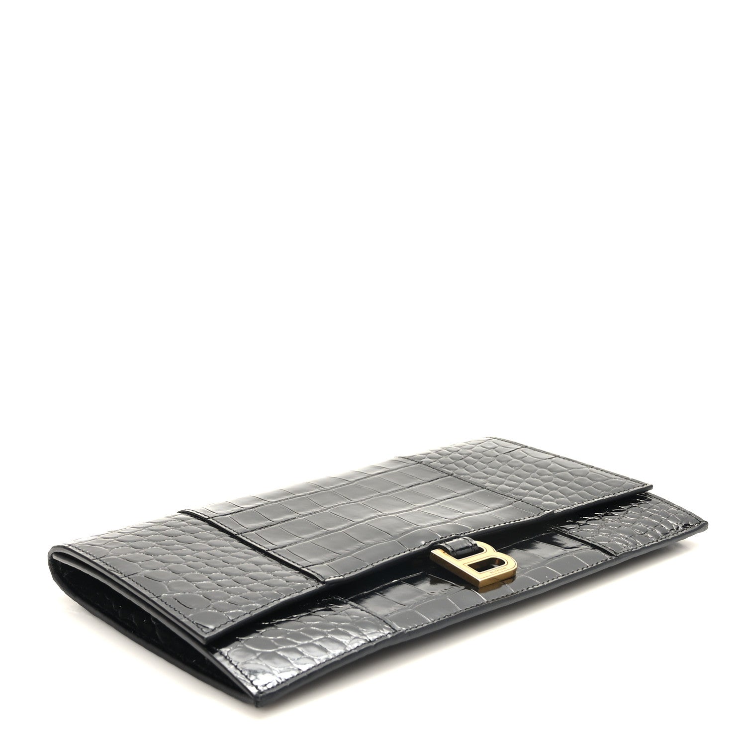 Balenciaga Shiny Calfskin Crocodile Embossed Hourglass Flap Flat Pouch Black 4 of 7