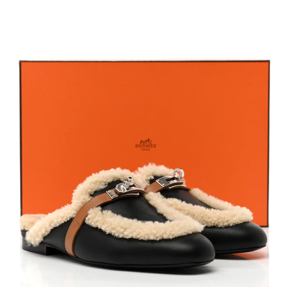 Hermes Shearling Calfskin Womens Oz Mules 36 Naturel Black 10 of 10