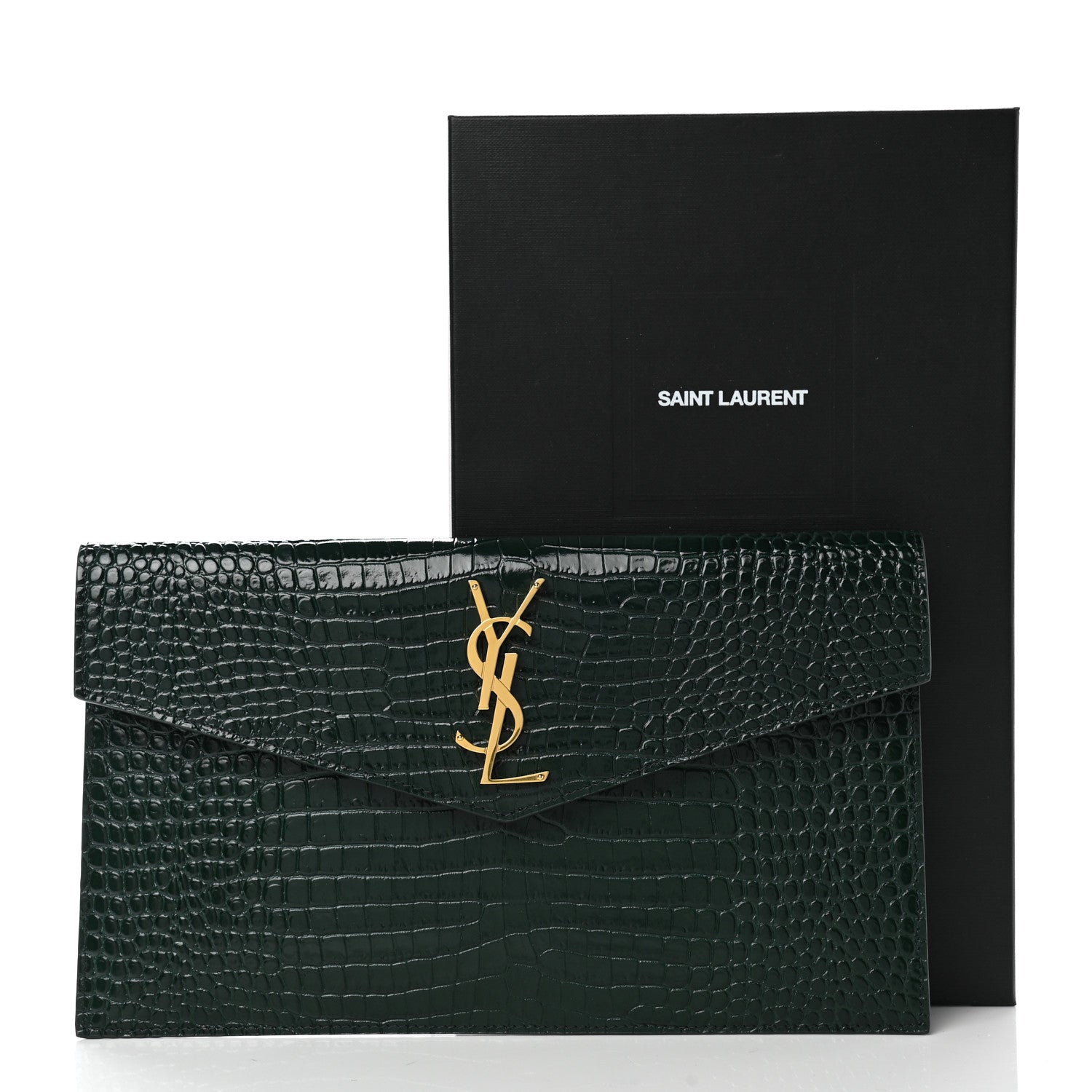 Saint Laurent Calfskin Crocodile Embossed Uptown Monogram Pouch Mint 9 of 9