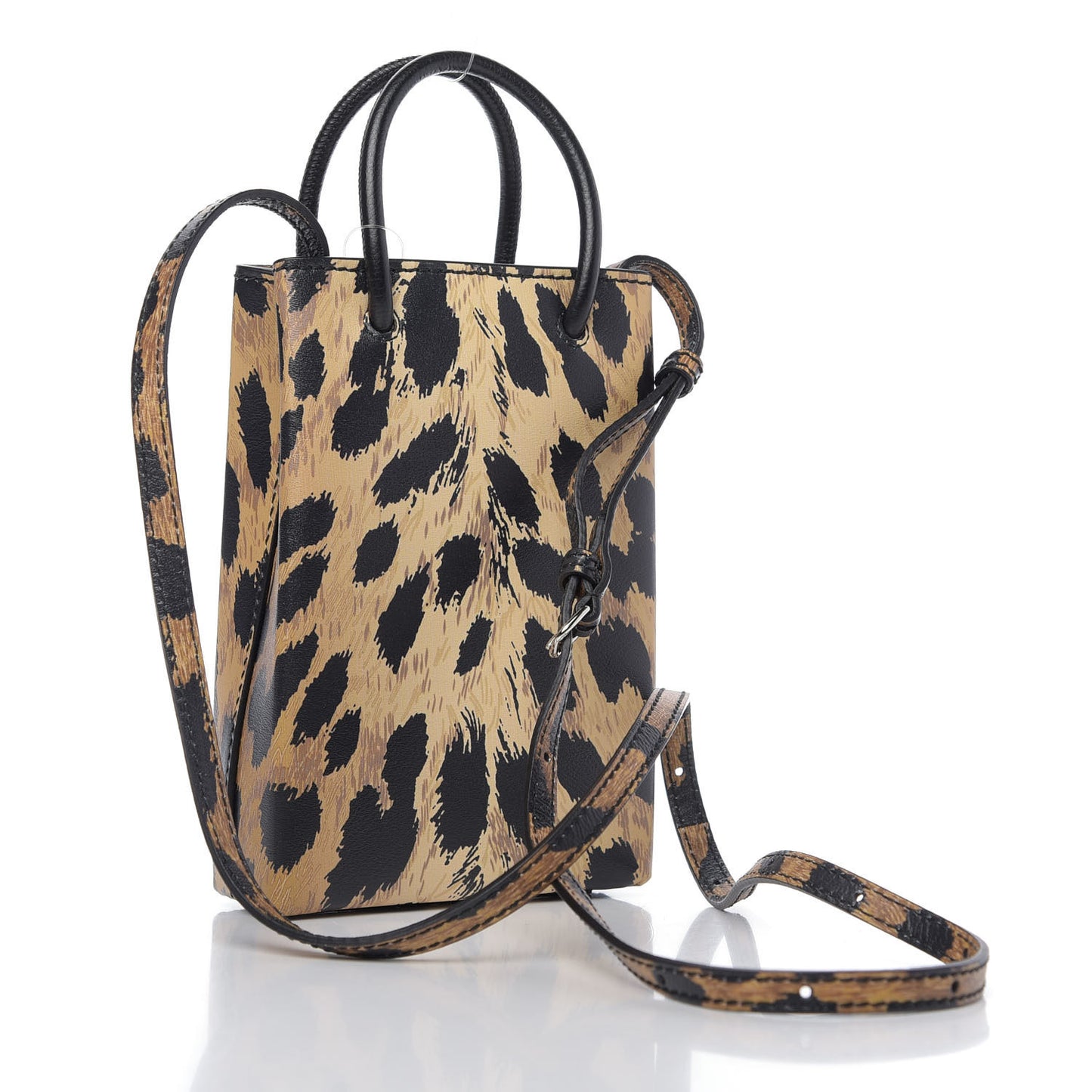 Smooth Calfskin Leopard Print Logo Shopping Phone Holder Bag Beige Black
