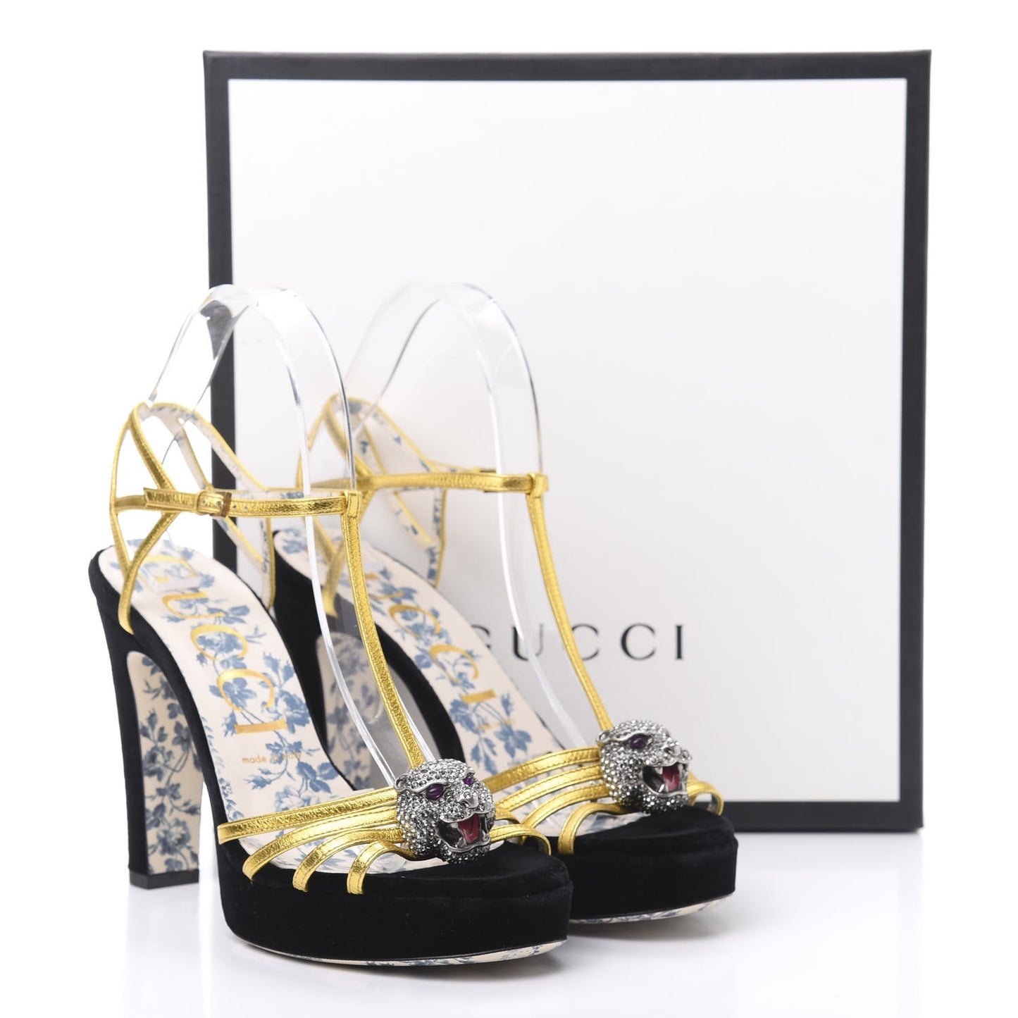 Velvet Nappa Elias T-Strap Platform High Heel Sandals 39 Black Gold