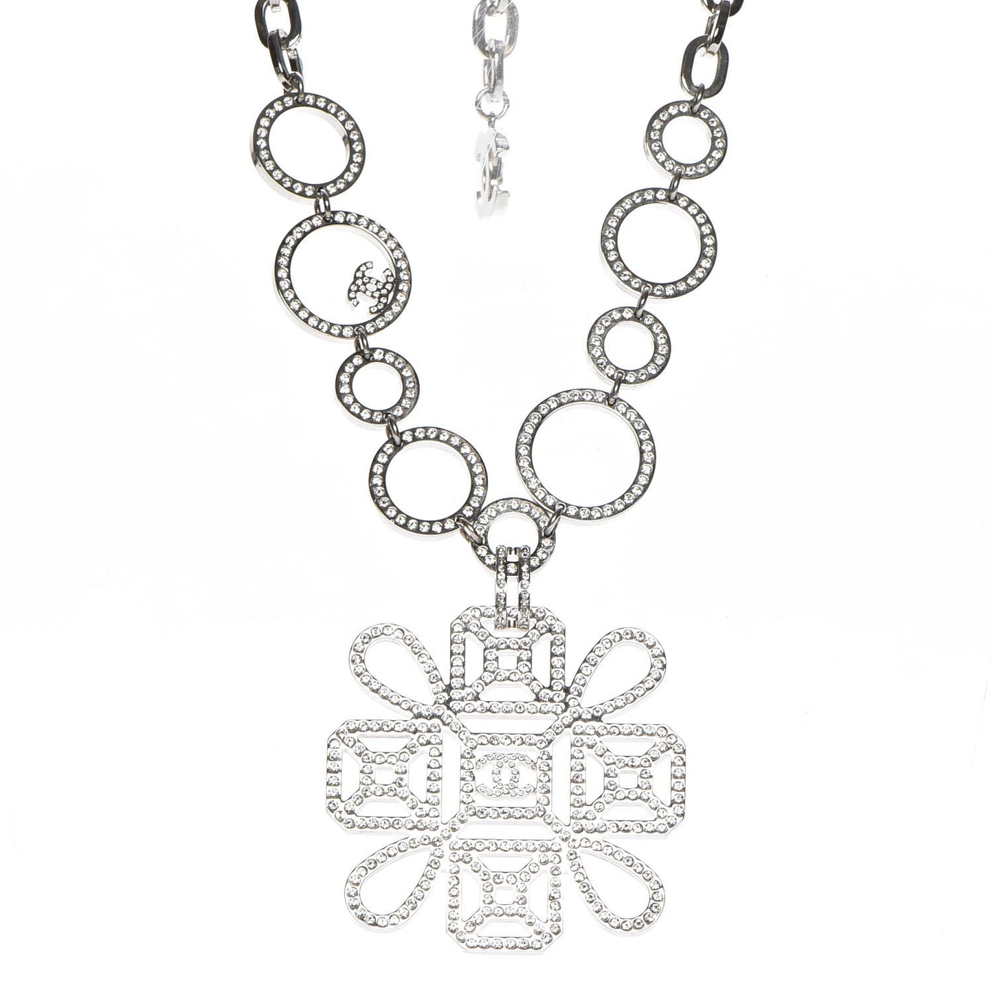 Crystal Strass Cross CC Necklace Silver