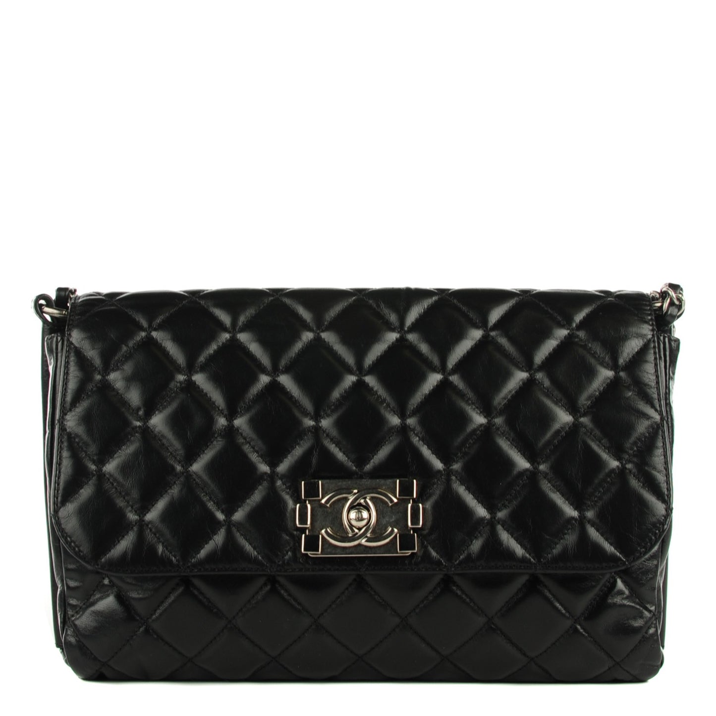 Glazed Calfskin Quilted Soft Boy Flap Black