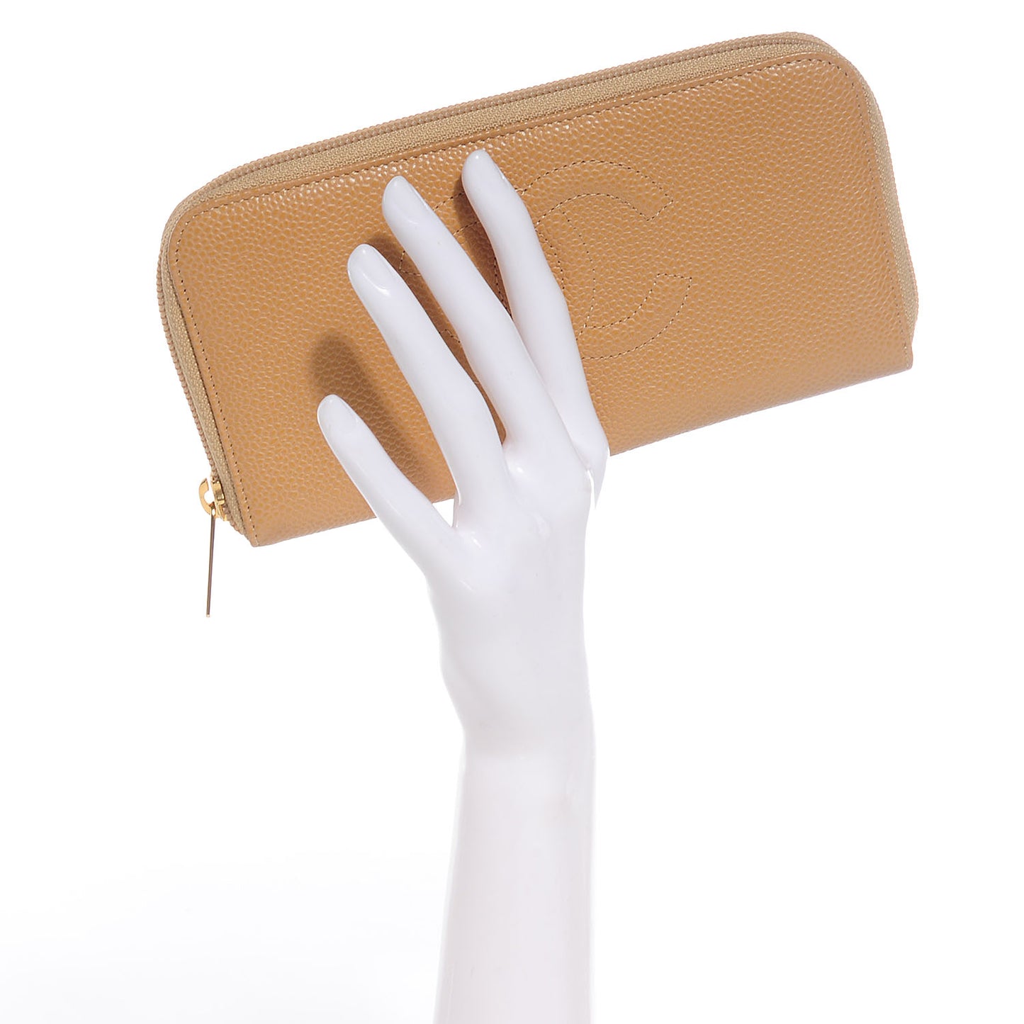 Caviar CC Large Zip Around Wallet Beige