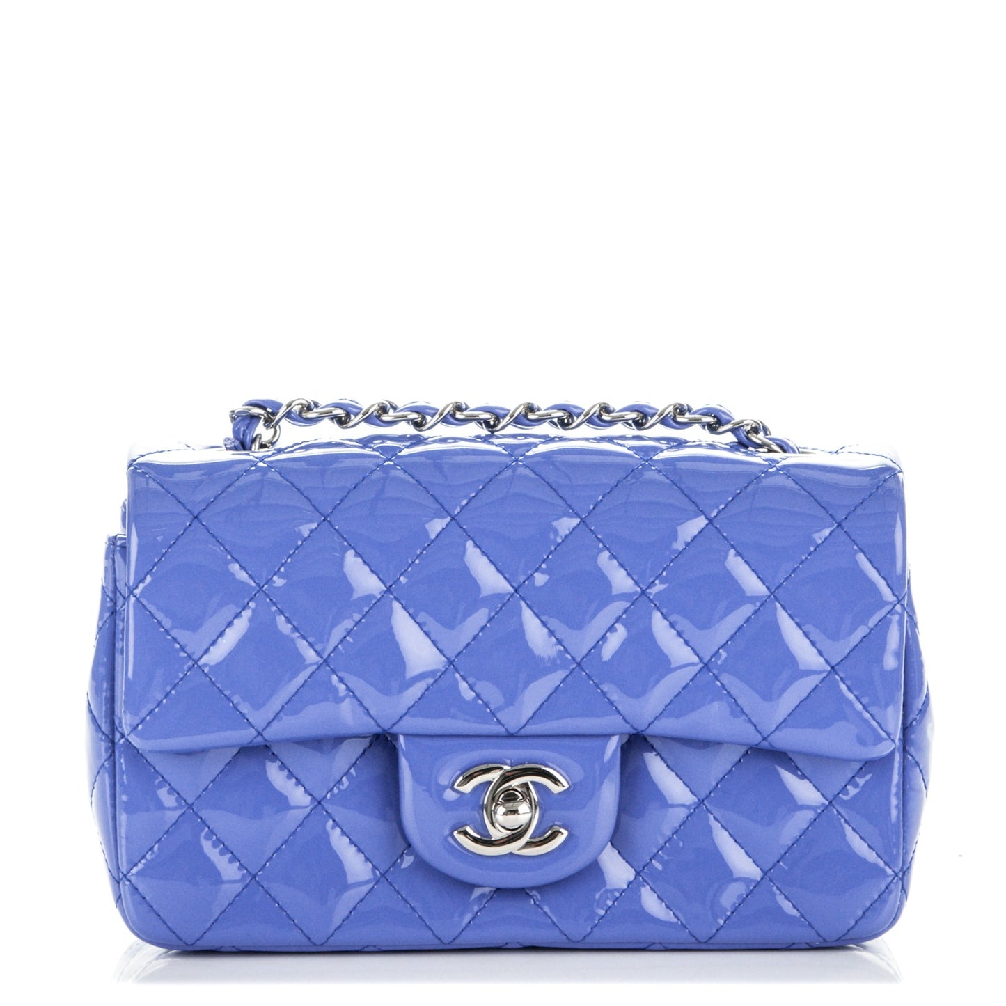 Patent Calfskin Quilted Mini Rectangular Flap Blue
