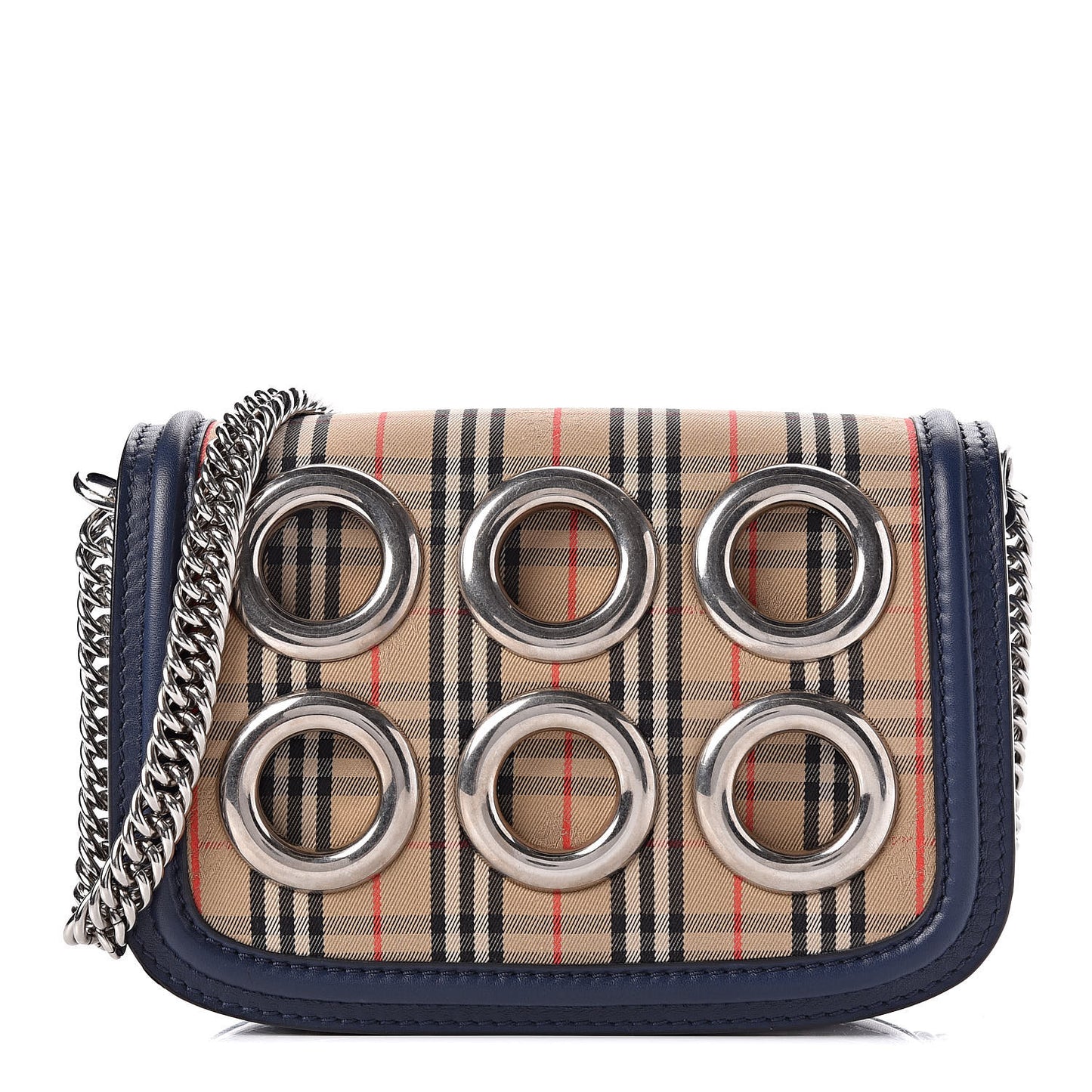 Smooth Calfskin 1983 Knight Check Grommet Chain Shoulder Bag Ink Blue