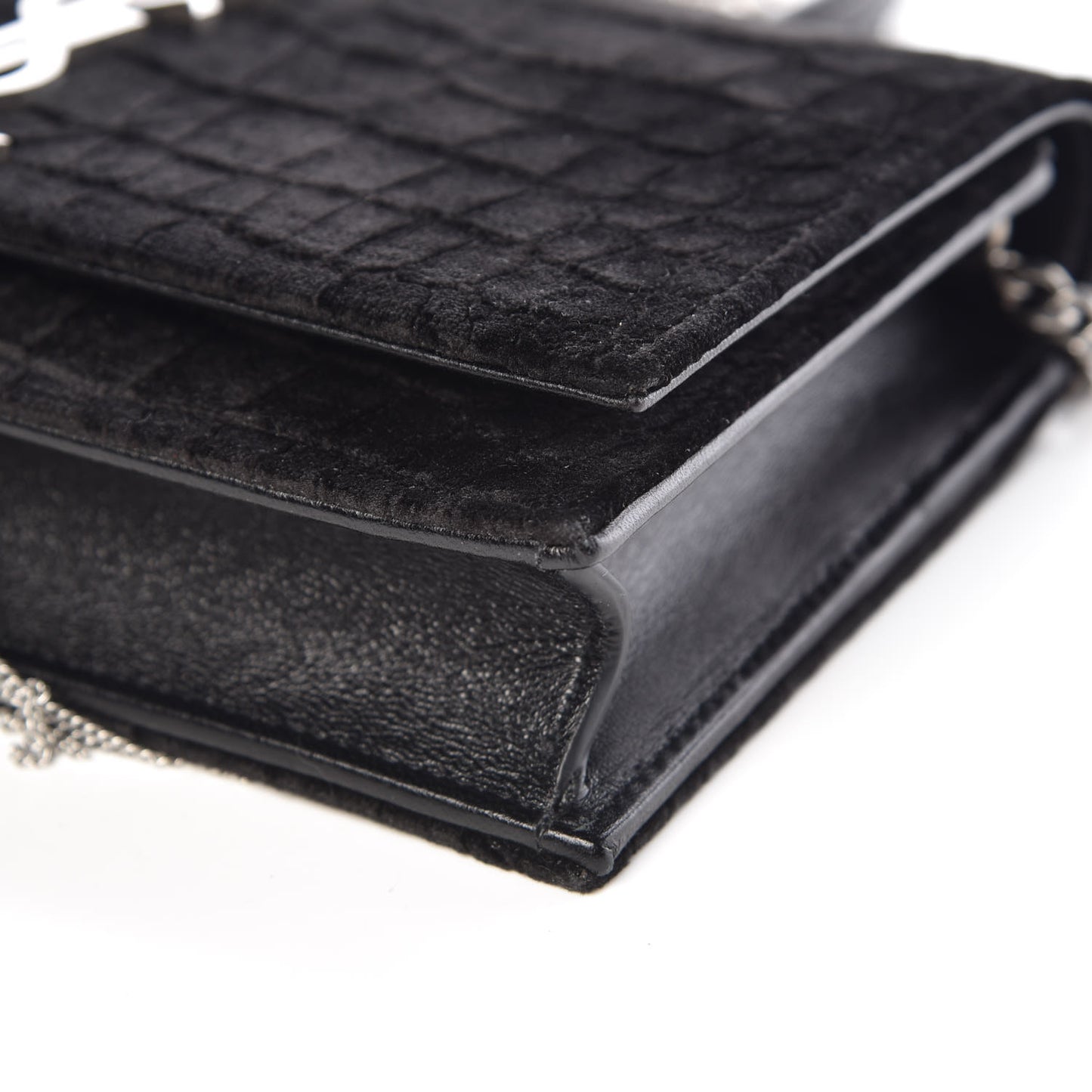 Suede Crocodile Embossed Monogram Tassel Chain Wallet Black Silver