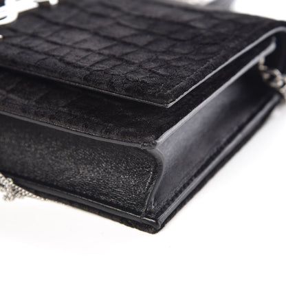 Saint Laurent Suede Crocodile Embossed Monogram Tassel Chain Wallet Black Silver 8 of 8