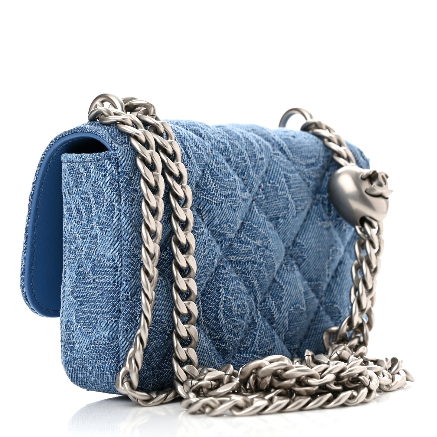 Denim Quilted Camellia Sweetheart Card Holder With Chain Blue