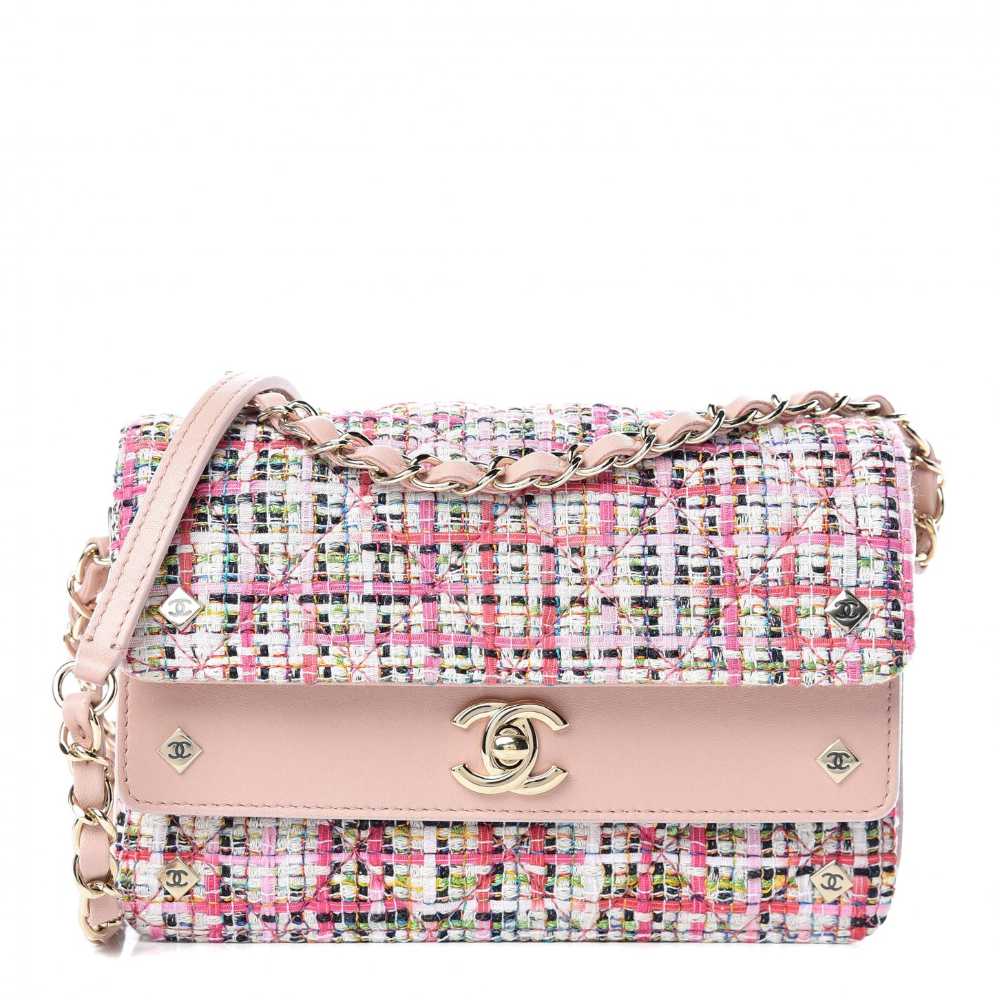 Tweed Calfskin Quilted CC Box Flap Pink Multicolor
