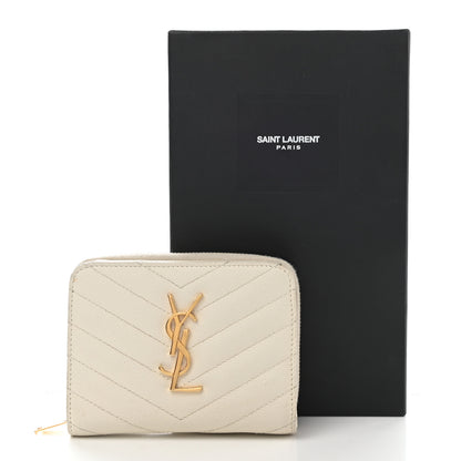 Saint Laurent Grain De Poudre Matelasse Chevron Monogram Compact Zip Around Wallet Crema Soft 9 of 9