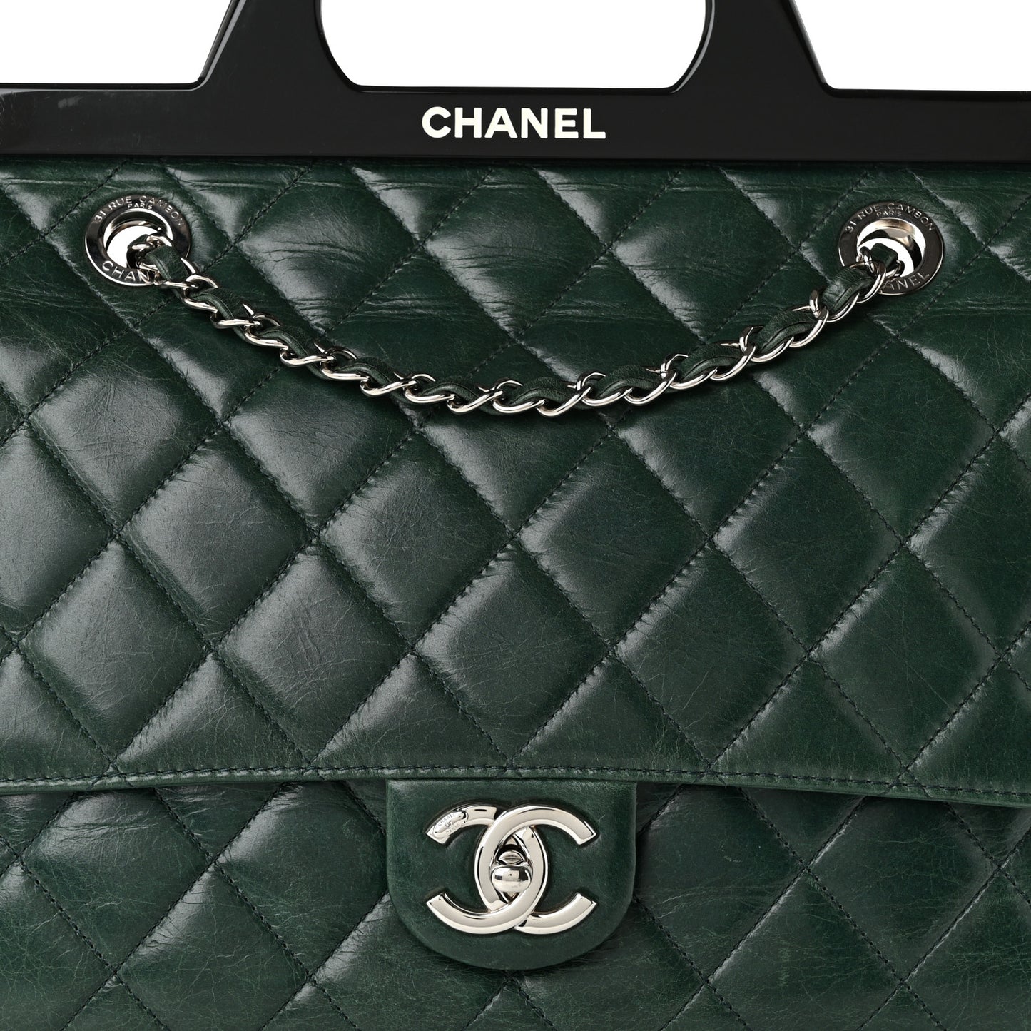 Glazed Calfskin Quilted Small CC Delivery Tote Dark Green