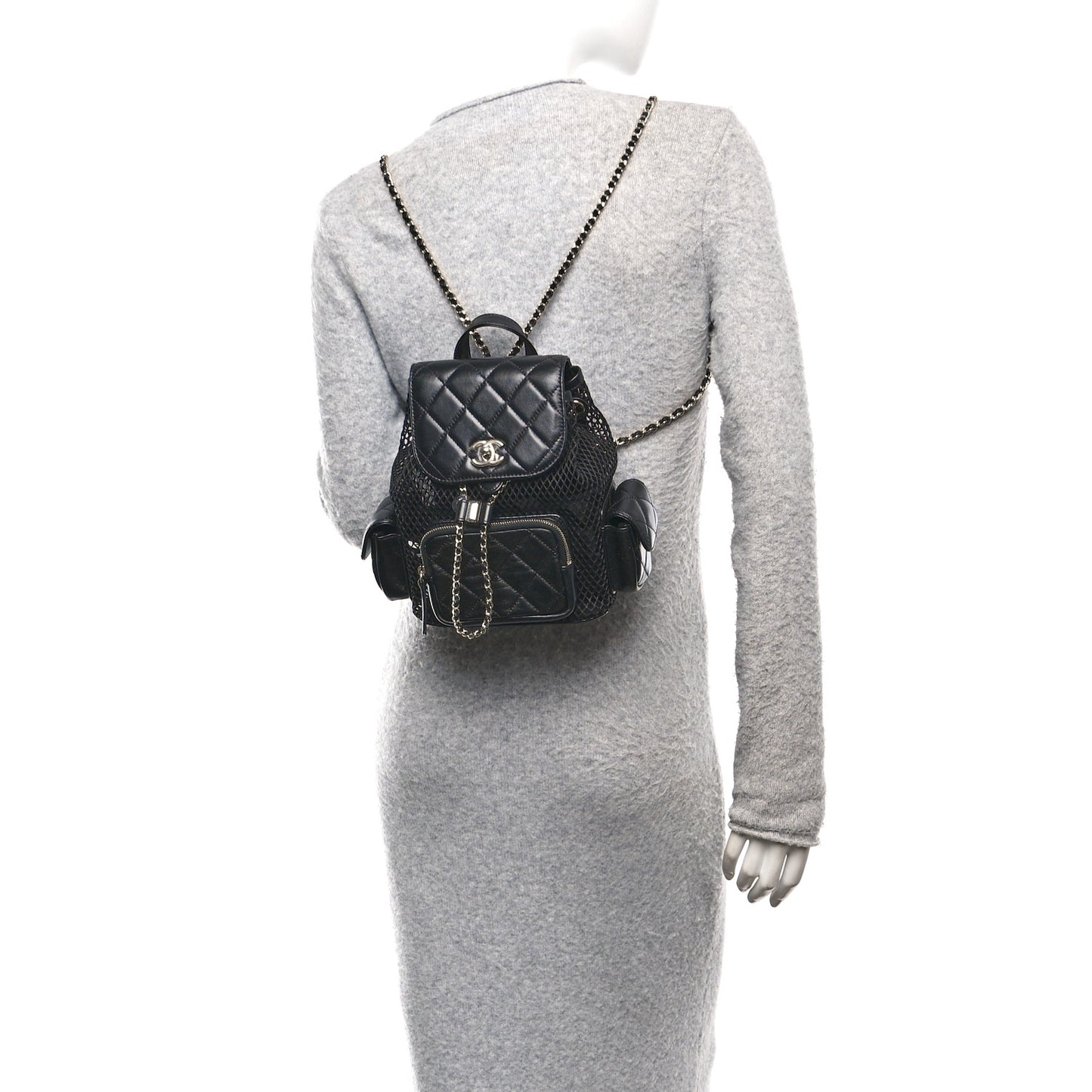 Shiny Lambskin Mesh Quilted Small Cargo Duma Drawstring Backpack Black