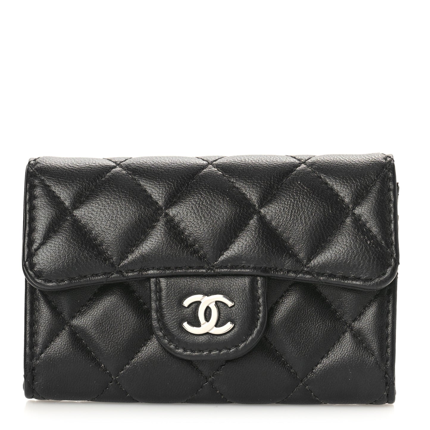 Lambskin Quilted Flap Card Holder Wallet Black