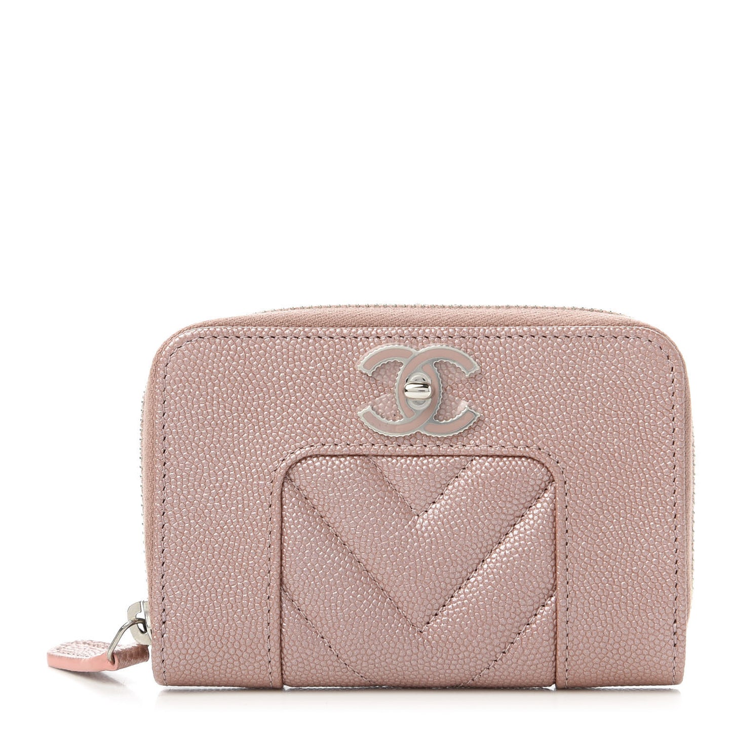 Metallic Caviar Chevron Quilted Vintage Mademoiselle Zip Coin Purse Pink