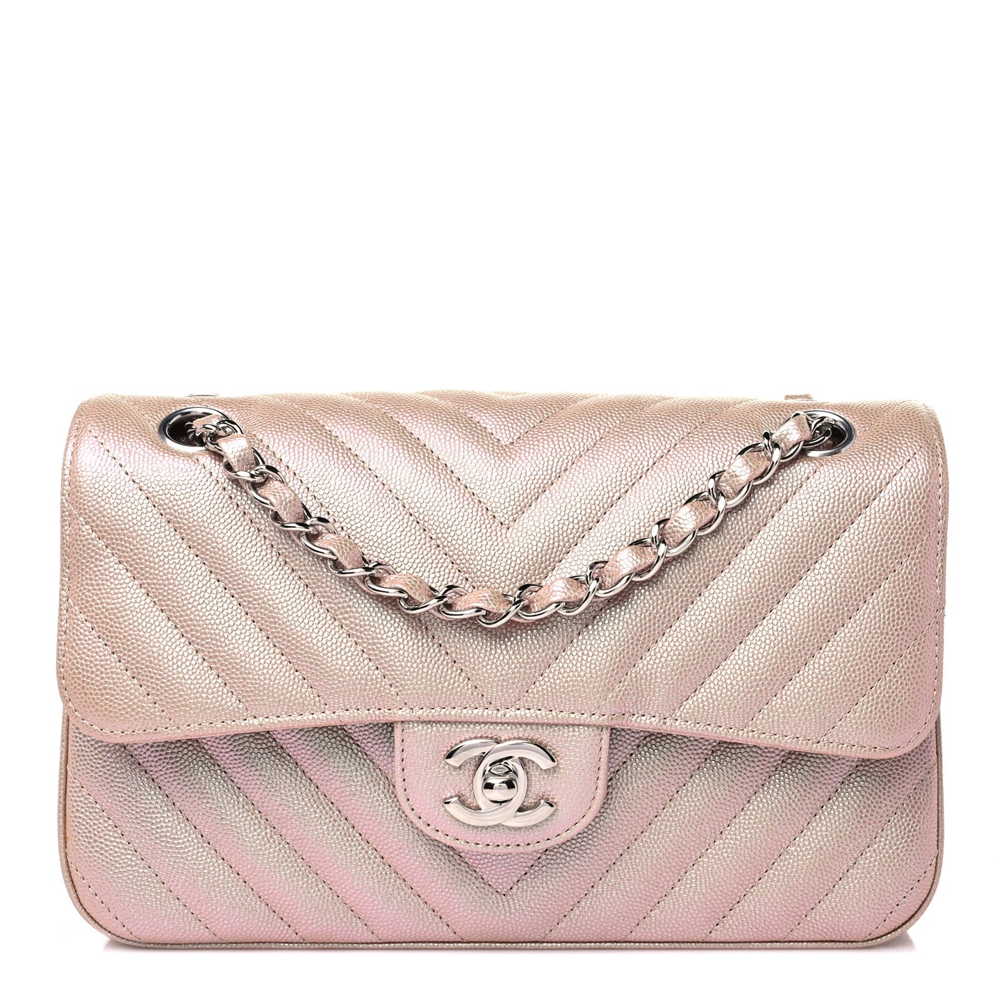 Iridescent Caviar Chevron Quilted Small Double Flap Light Gold