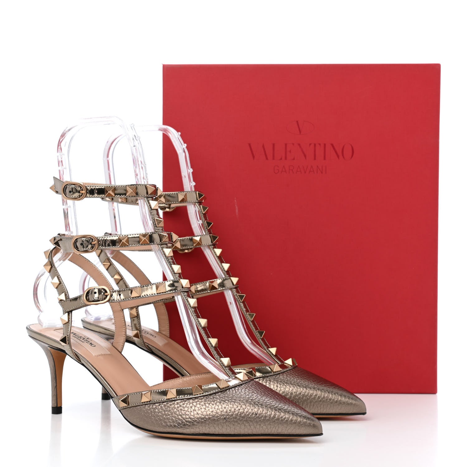 Valentino Garavani Metallic Pebbled Calfskin Patent Rockstud Ankle Strap 65mm Pumps 40 Sasso 10 of 10