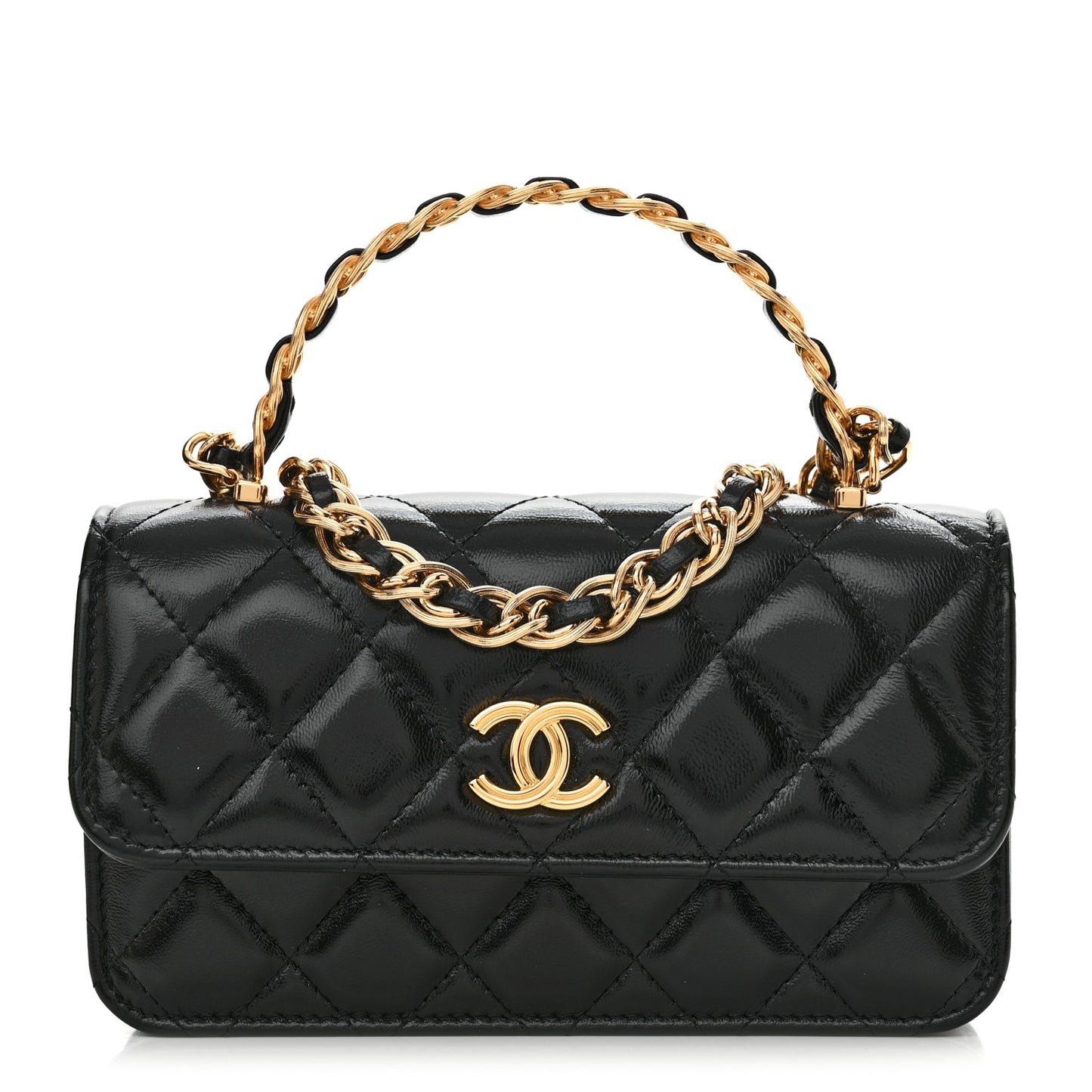 Shiny Lambskin Quilted Golden Links Top Handle Phone Holder With Chain Black