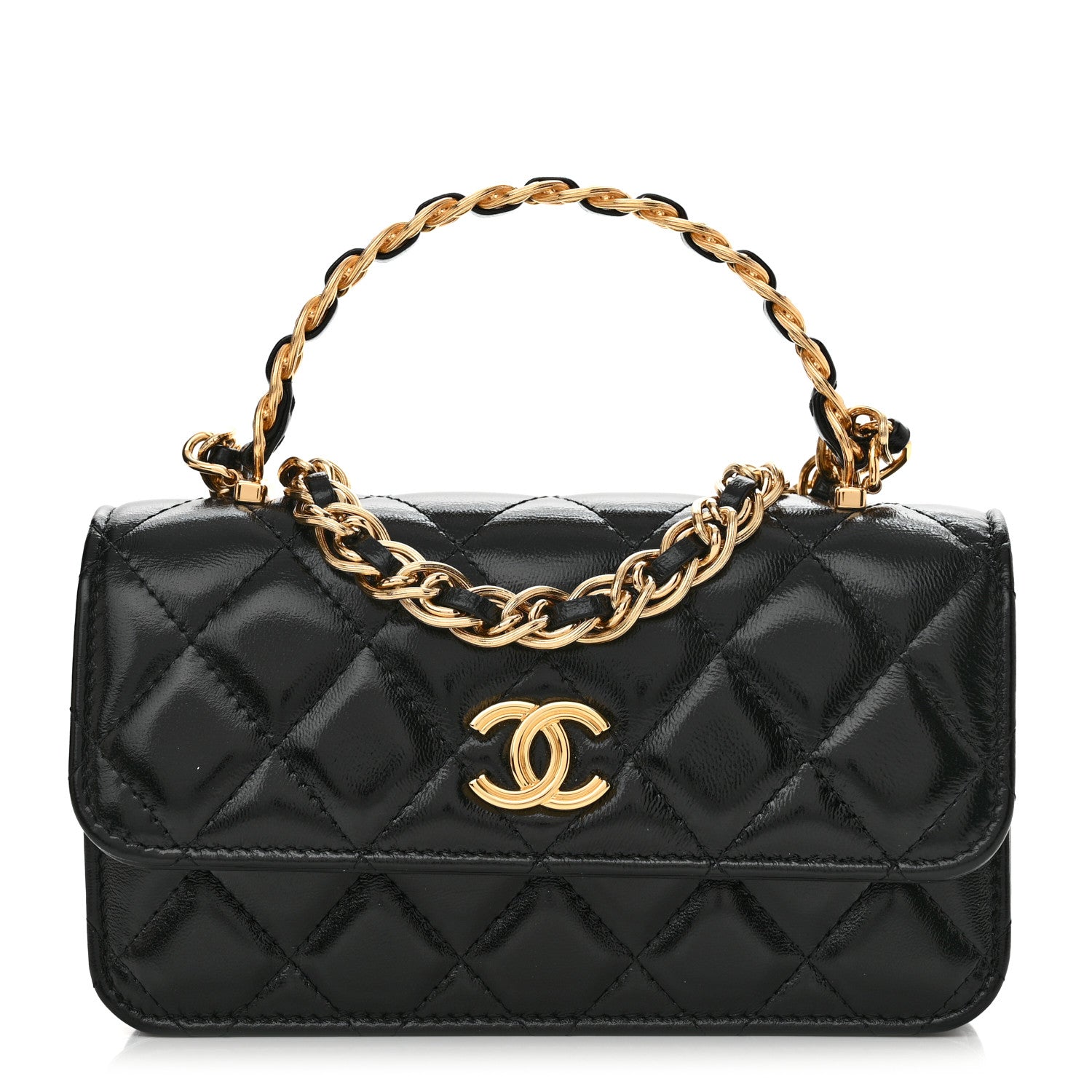 Chanel Shiny Lambskin Quilted Golden Links Top Handle Phone Holder With Chain Black 1 of 12