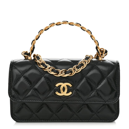 Chanel Shiny Lambskin Quilted Golden Links Top Handle Phone Holder With Chain Black 1 of 12