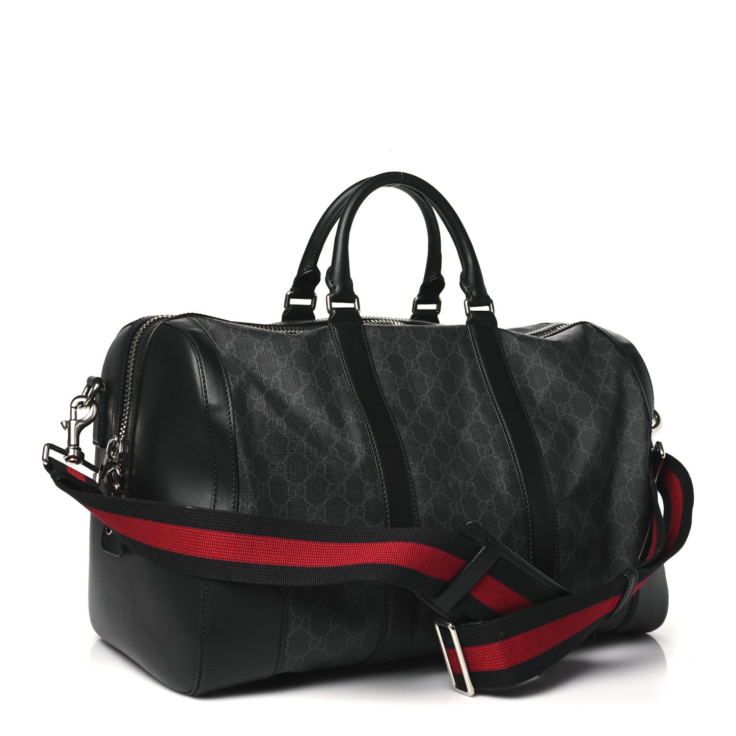 Soft GG Supreme Monogram Appia Calfskin Web Medium Carry On Duffle Bag Black Grey