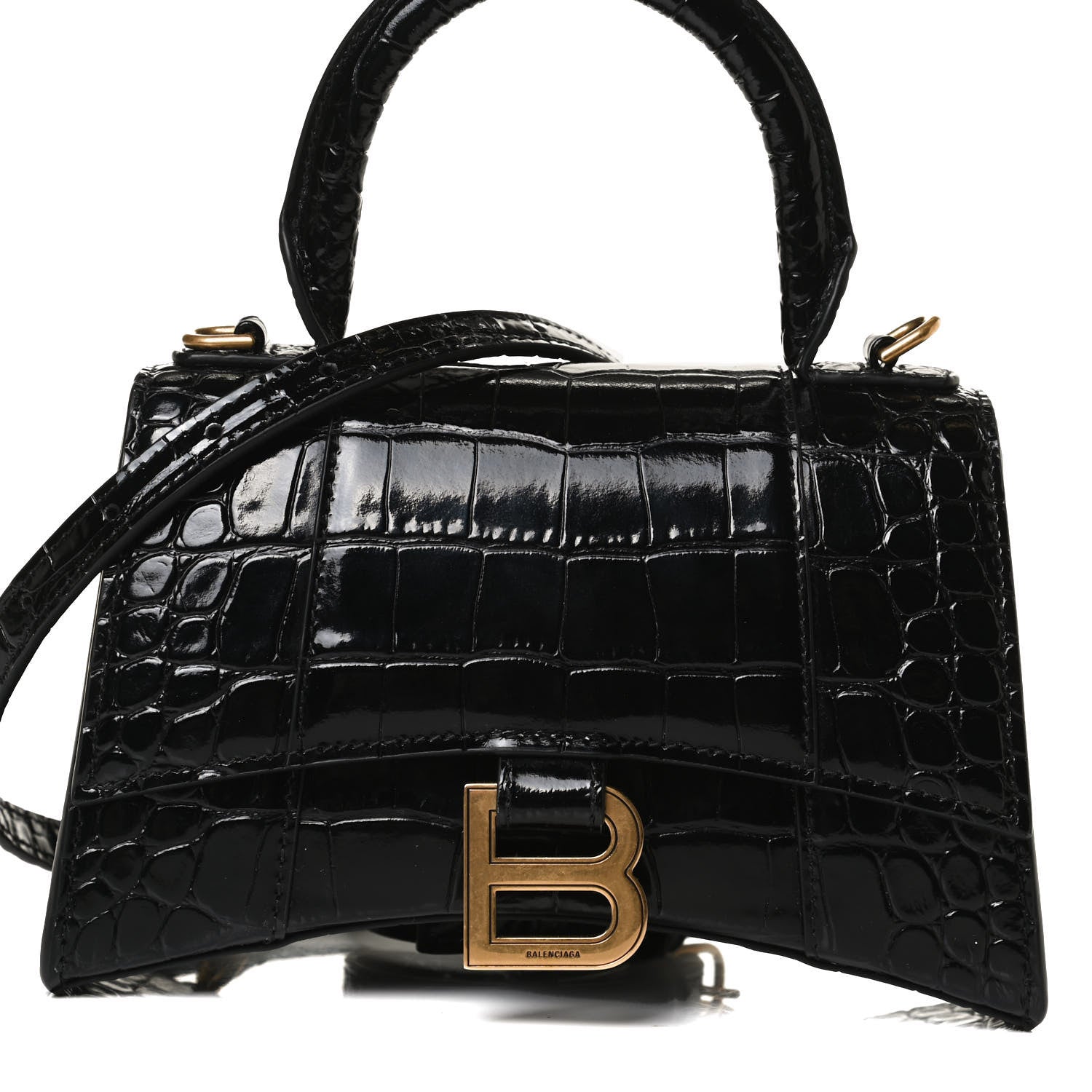 Balenciaga Shiny Calfskin Crocodile Embossed Hourglass Top Handle Bag XS Black 7 of 13