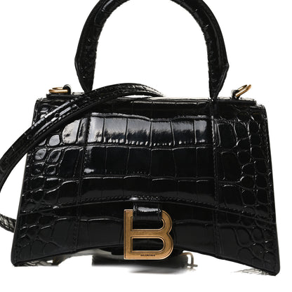 Balenciaga Shiny Calfskin Crocodile Embossed Hourglass Top Handle Bag XS Black 7 of 17