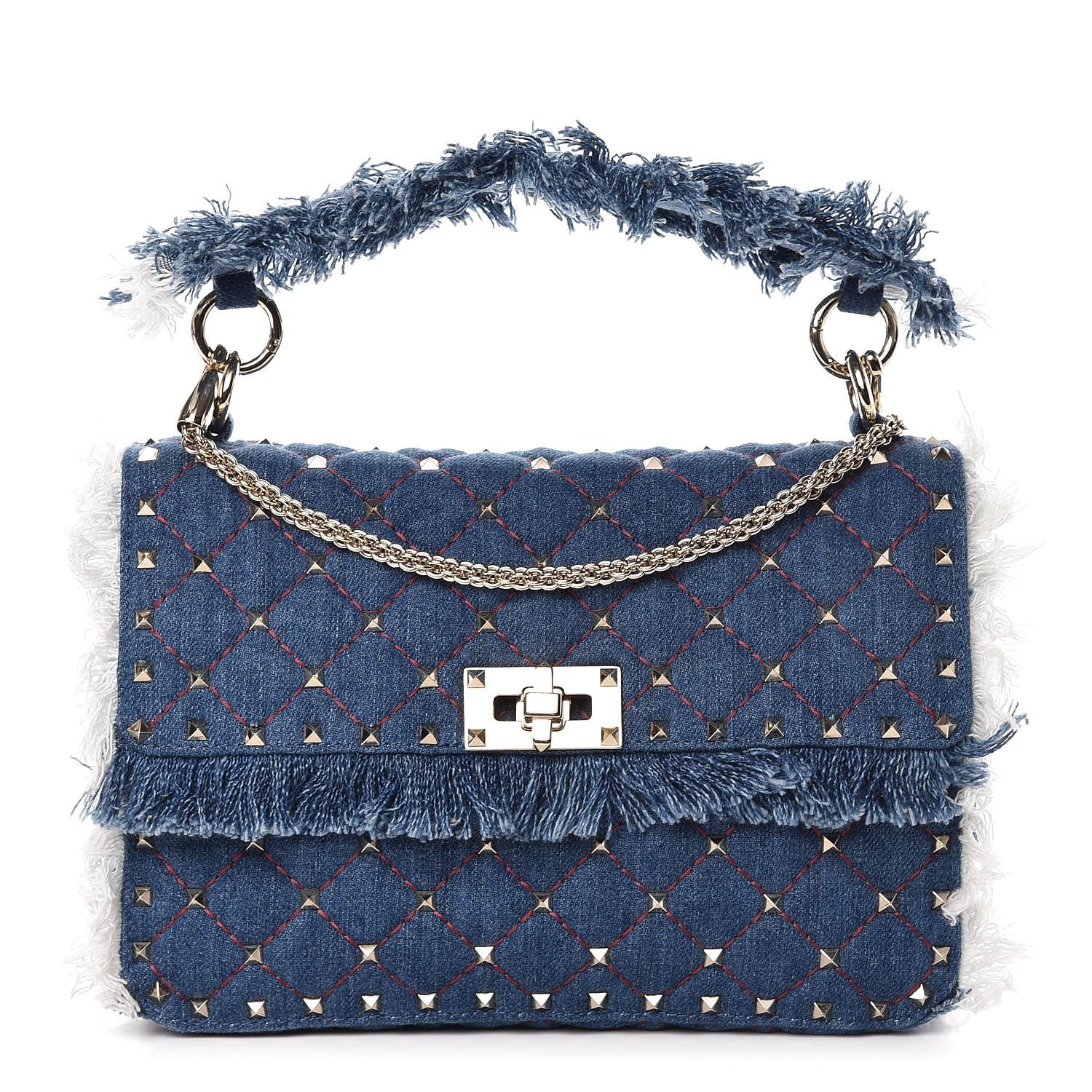 Valentino Garavani Denim Fringe Medium Rockstud Spike Shoulder Bag Blue 1 of 11