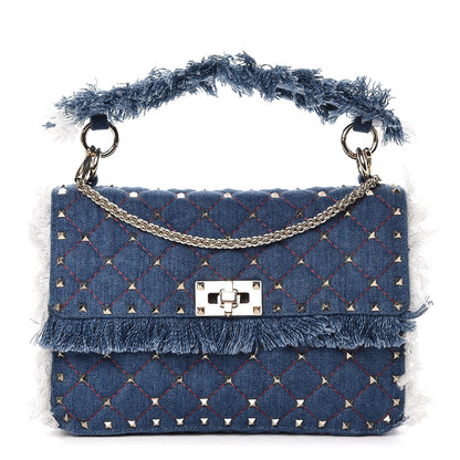Valentino Garavani Denim Fringe Medium Rockstud Spike Shoulder Bag Blue 1 of 11