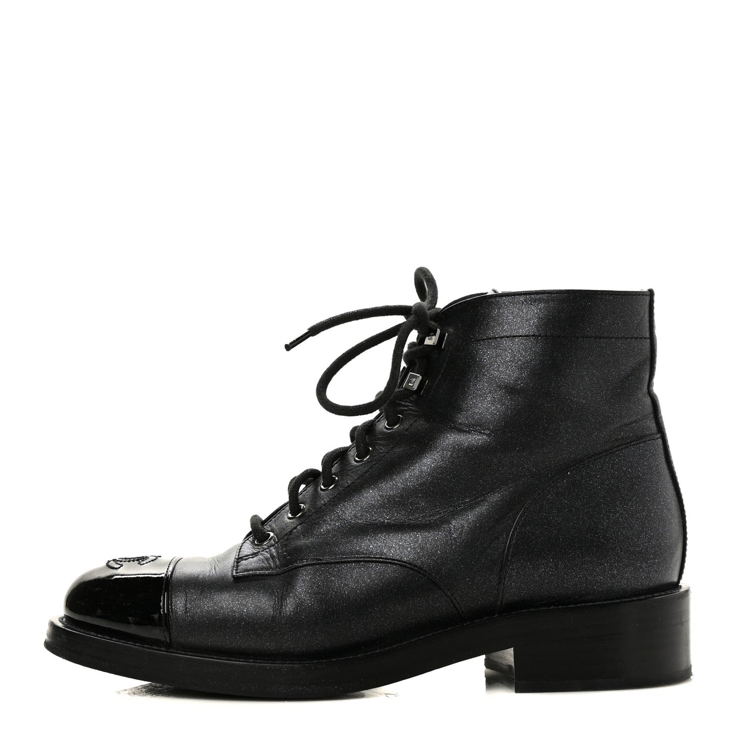 Iridescent Calfskin Patent Cap Toe Combat Boots 39.5 Black