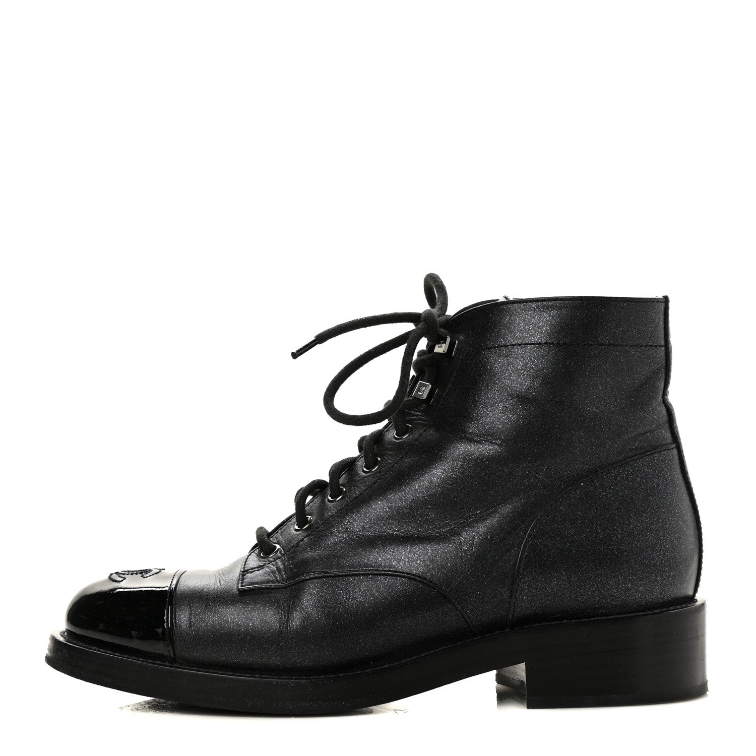 Chanel Iridescent Calfskin Patent Cap Toe Combat Boots 39.5 Black 1 of 9