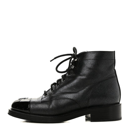 Chanel Iridescent Calfskin Patent Cap Toe Combat Boots 39.5 Black 1 of 9
