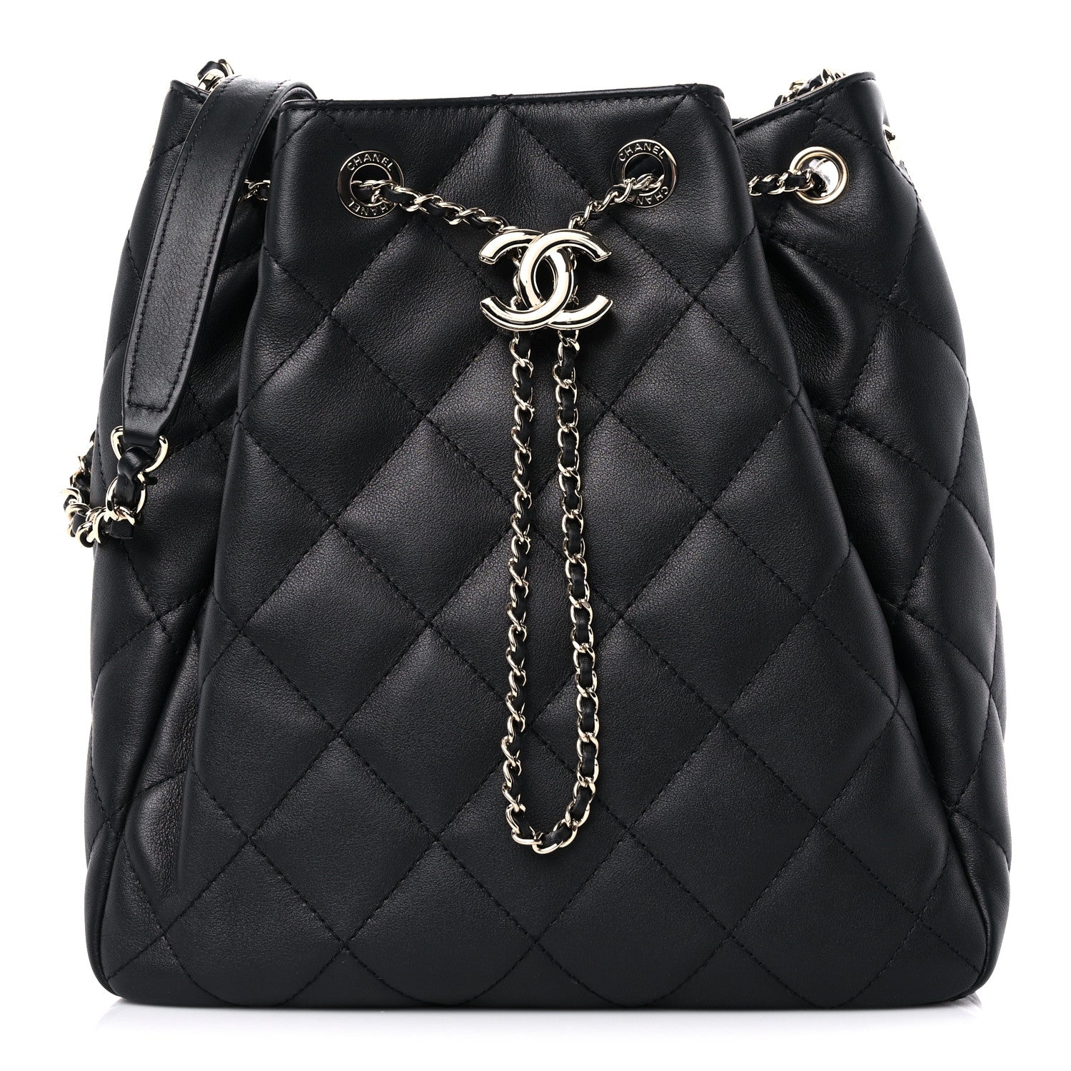 Chanel Grained Calfskin Quilted CC Chain Bucket Drawstring Bag Black 1 of 11