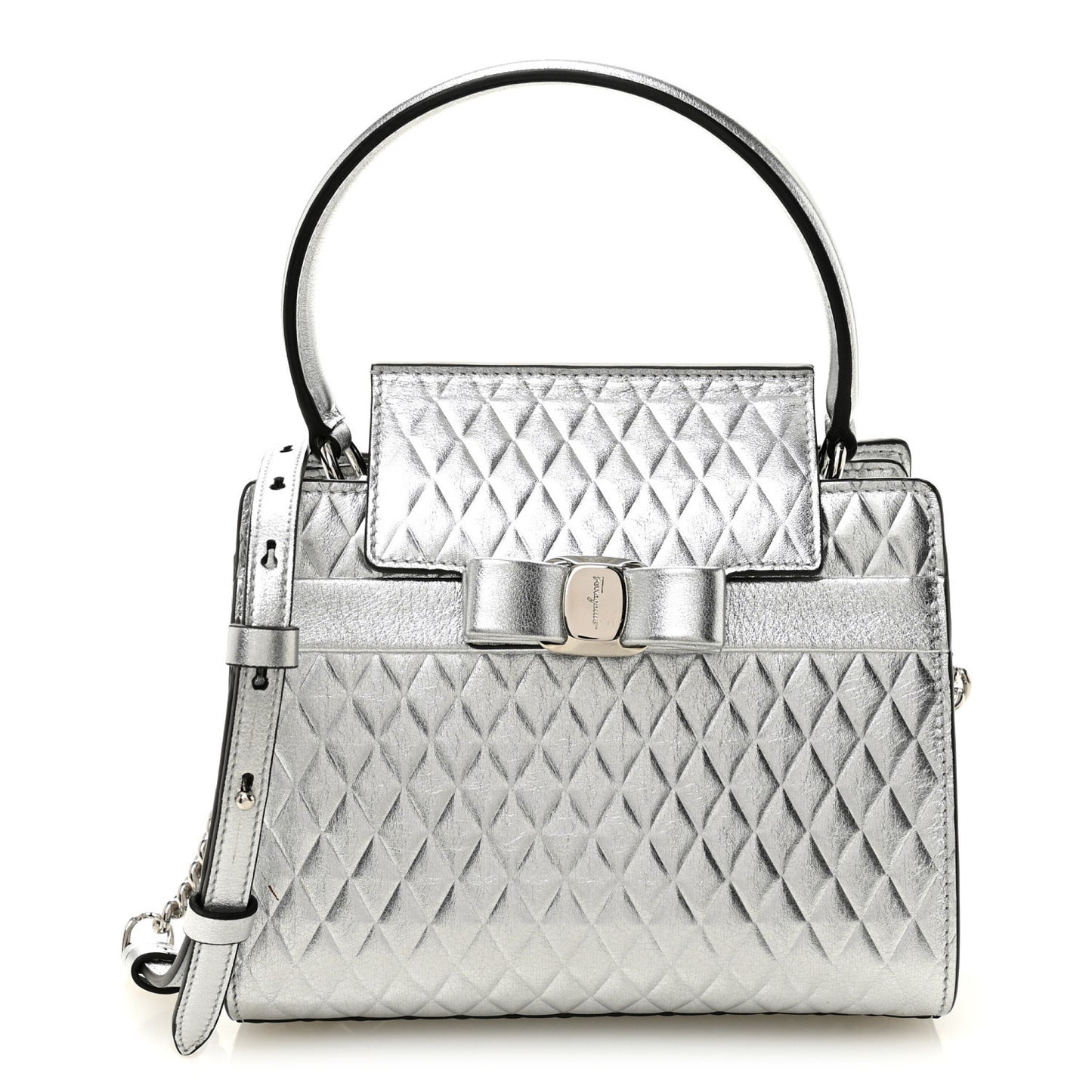 Metallic Calfskin Quilted Vara Bow Shoulder Bag Silver