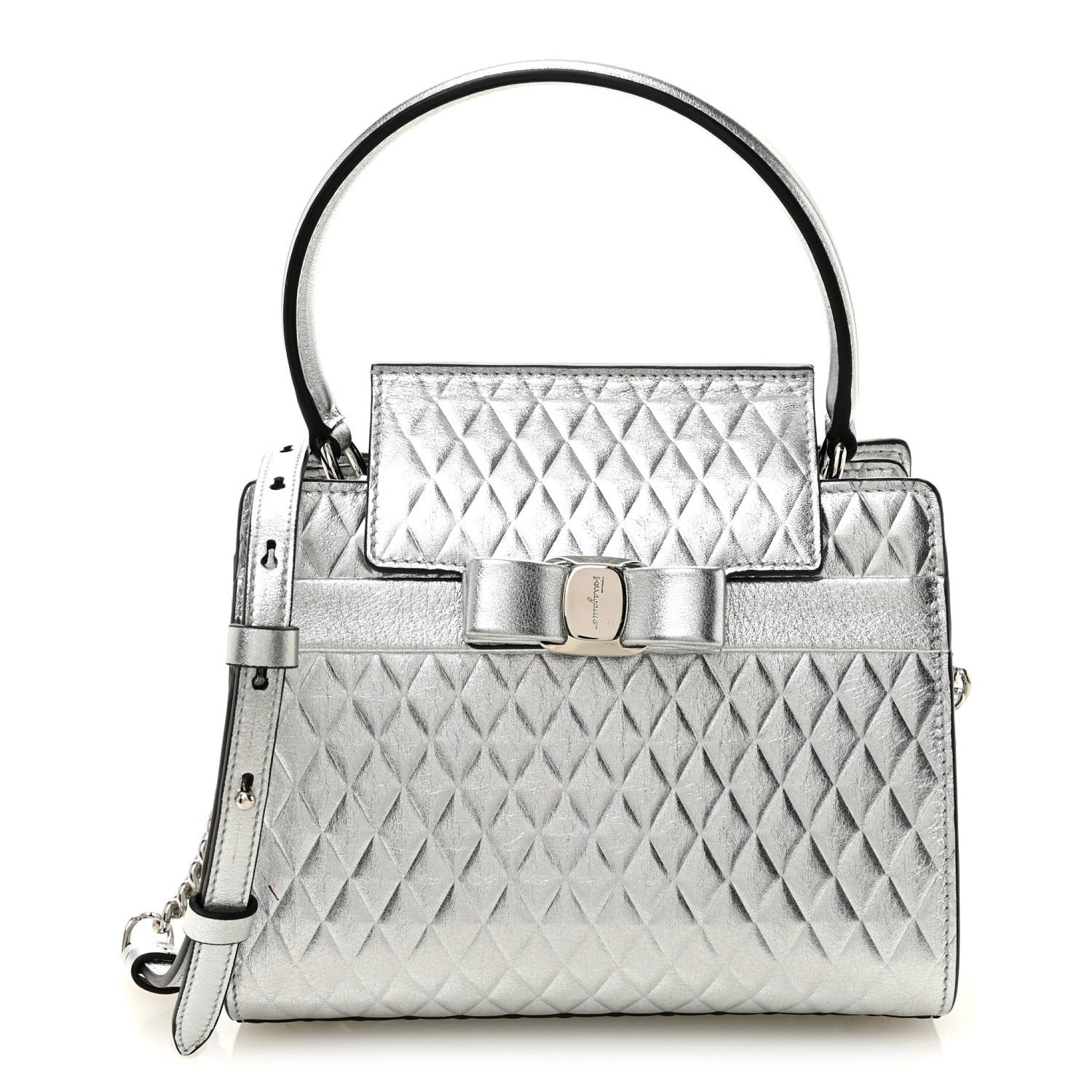 Salvatore Ferragamo Metallic Calfskin Quilted Vara Bow Shoulder Bag Silver 1 of 10