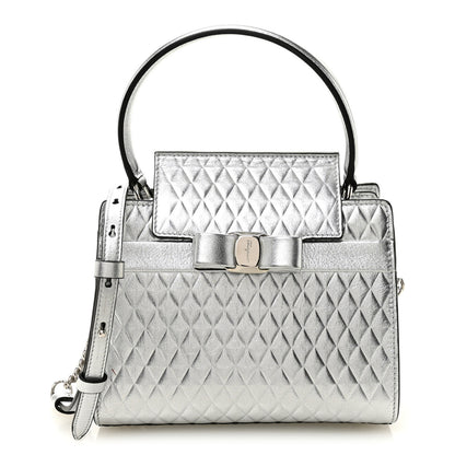 Salvatore Ferragamo Metallic Calfskin Quilted Vara Bow Shoulder Bag Silver 1 of 10