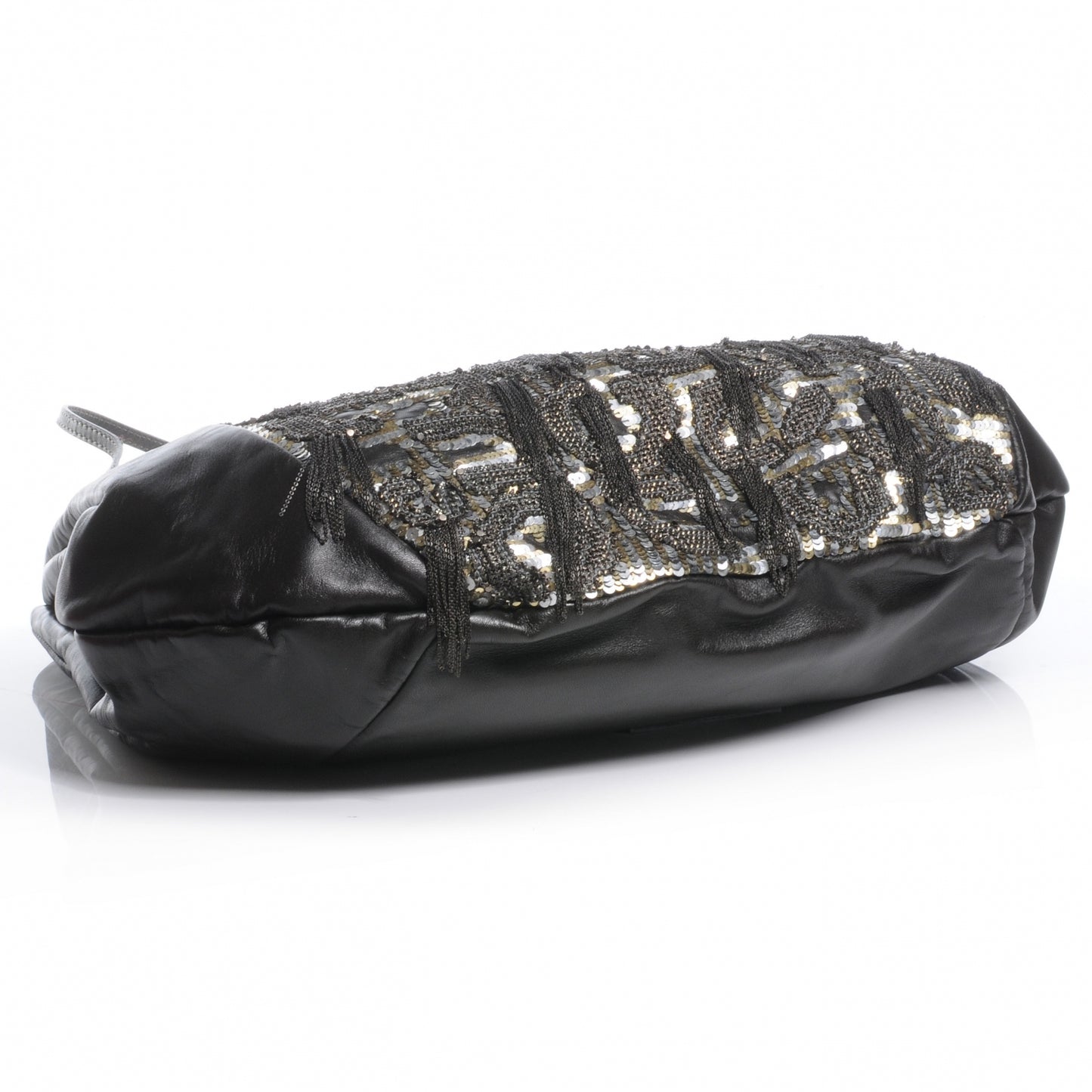 Leather Sequin Chain Glam Tote Black