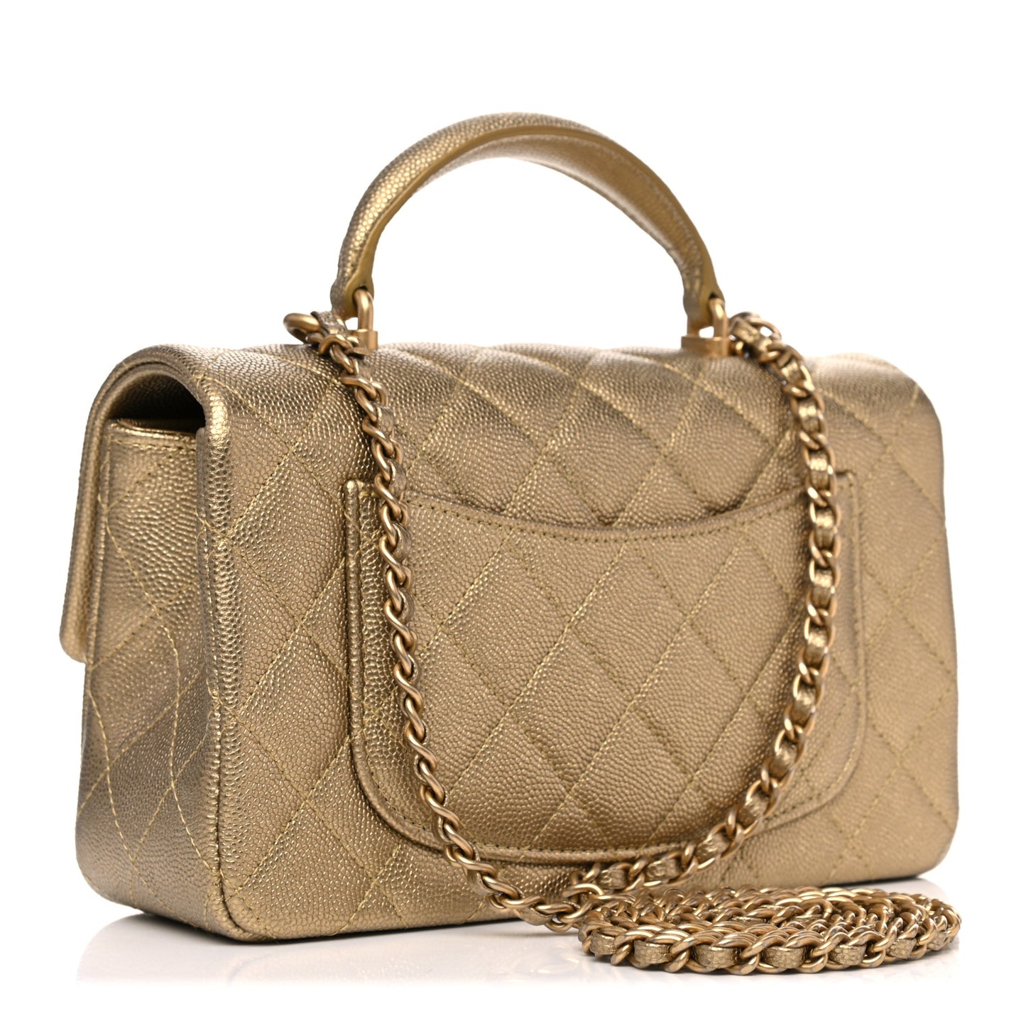Metallic Caviar Quilted Mini Top Handle Rectangular Flap Gold