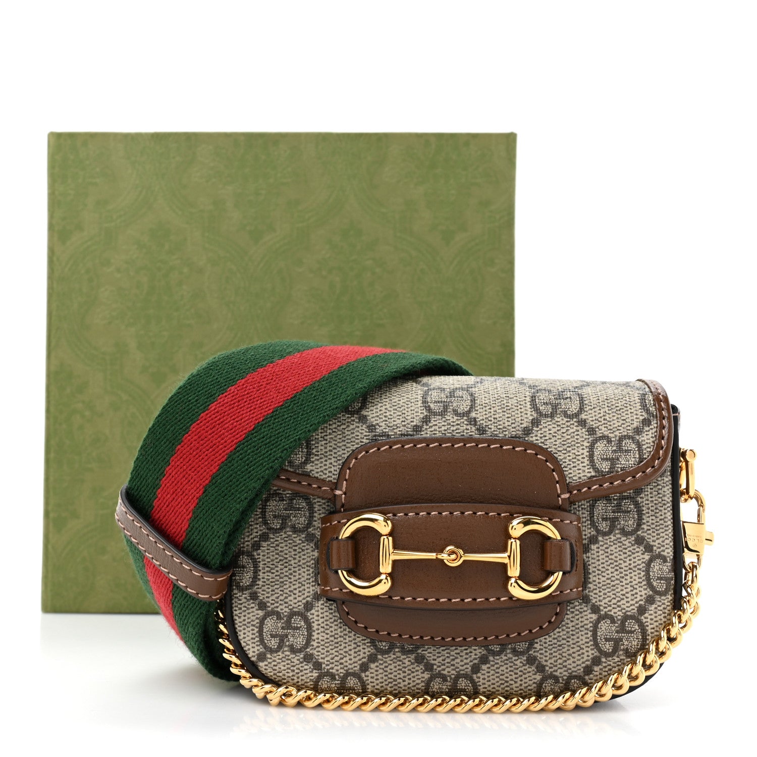 Gucci GG Supreme Monogram Azalea Calfskin Web Horsebit 1955 Wallet On Strap Beige Ebony Brown Sugar 10 of 10