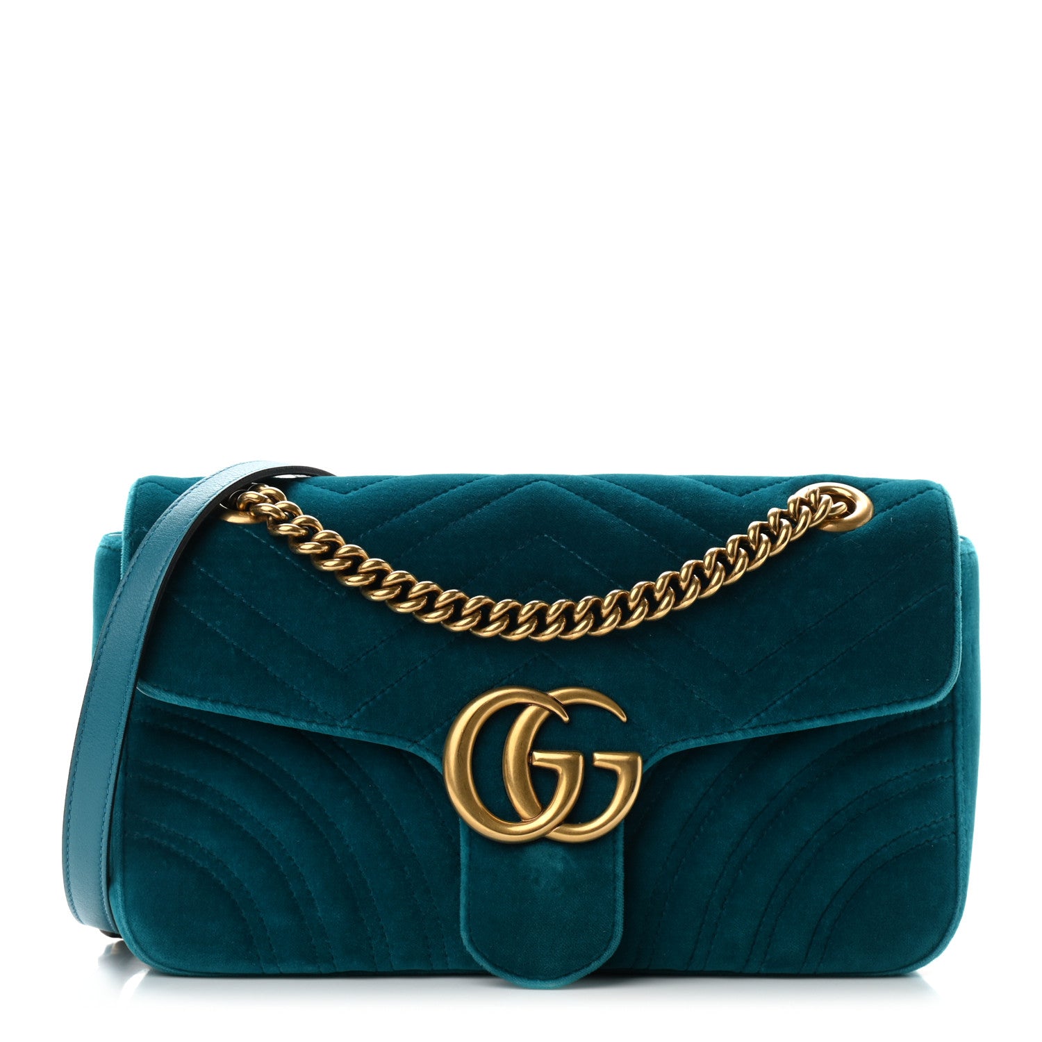 Gucci Velvet Matelasse Small GG Marmont Shoulder Bag Pavone Cyan 1 of 10